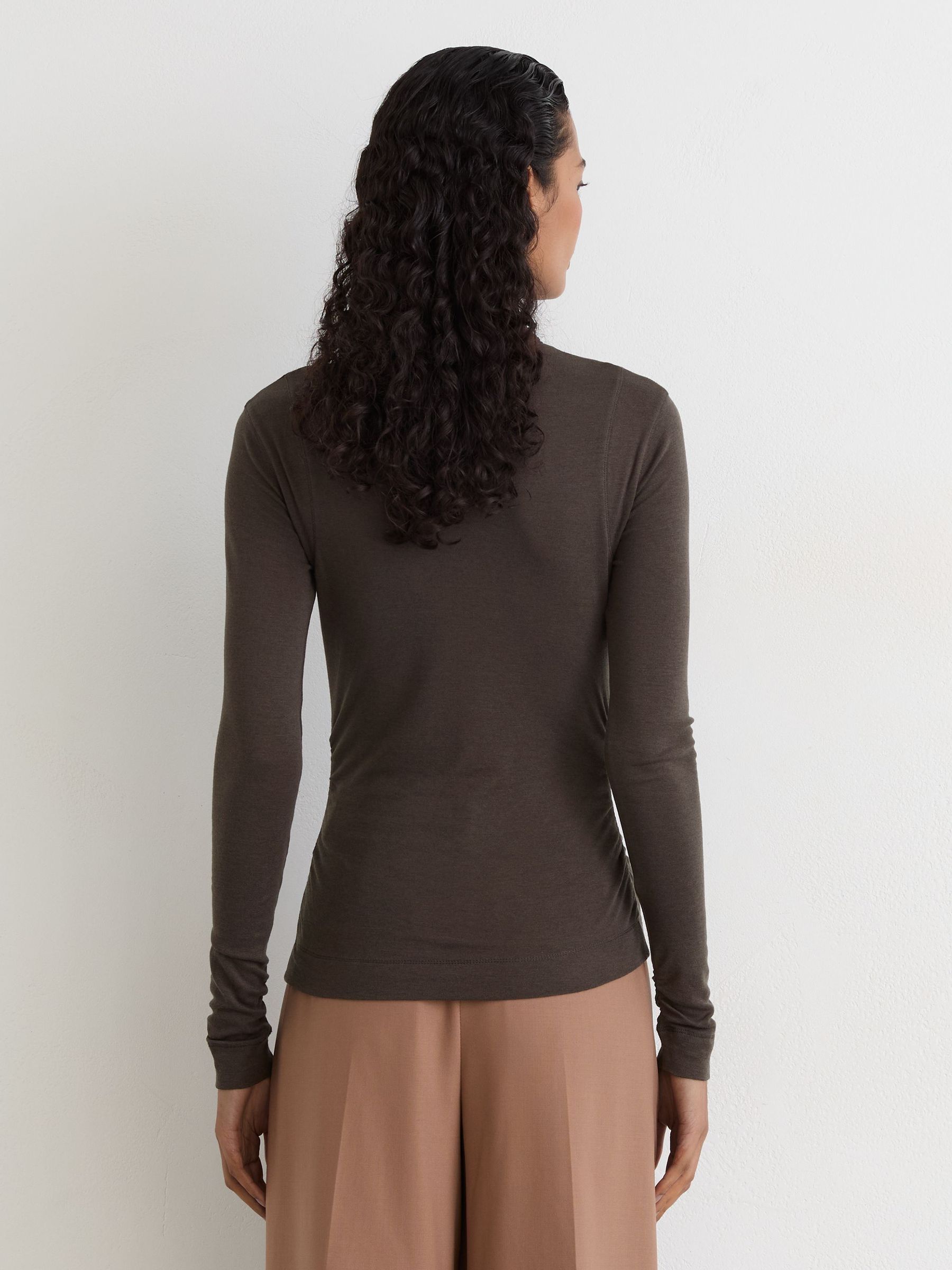 Lyocell-Wool Ruched Mock-Neck Top in Chocolate Brown - Image 5 of 6