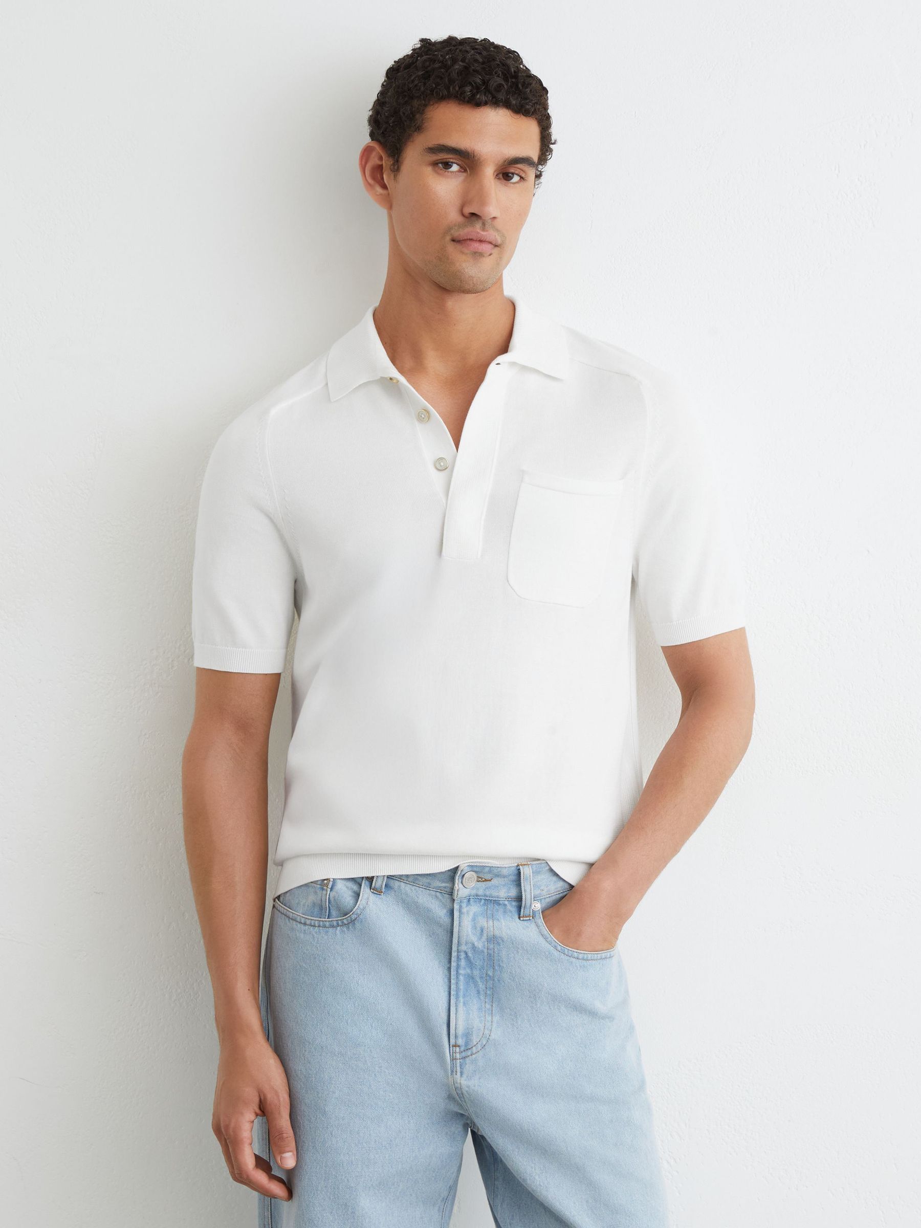 Cotton Knit Concealed-Placket Polo in White - Image 1 of 6