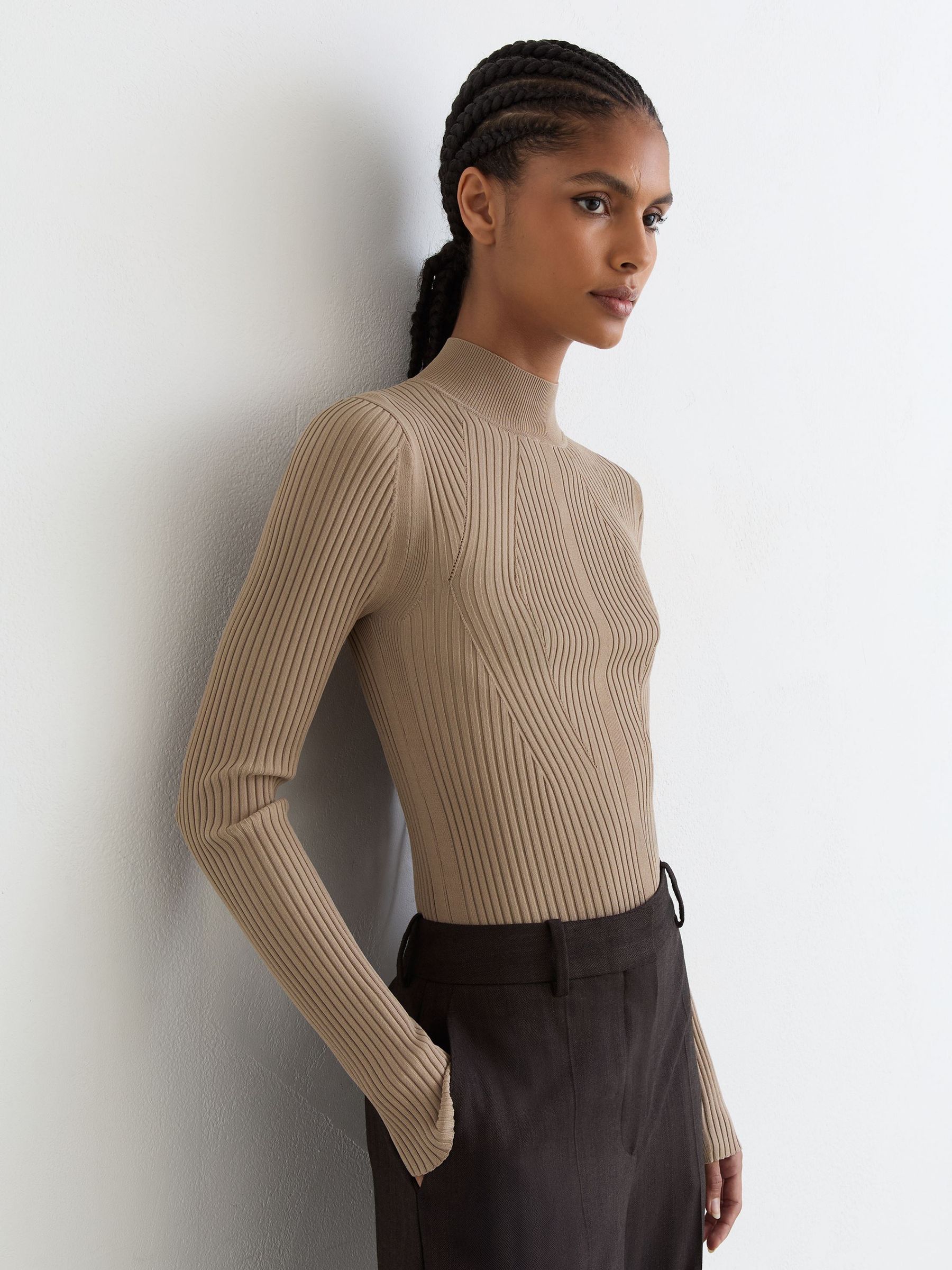 Rib-Knit Mock-Neck Jumper in Neutral - Image 1 of 6