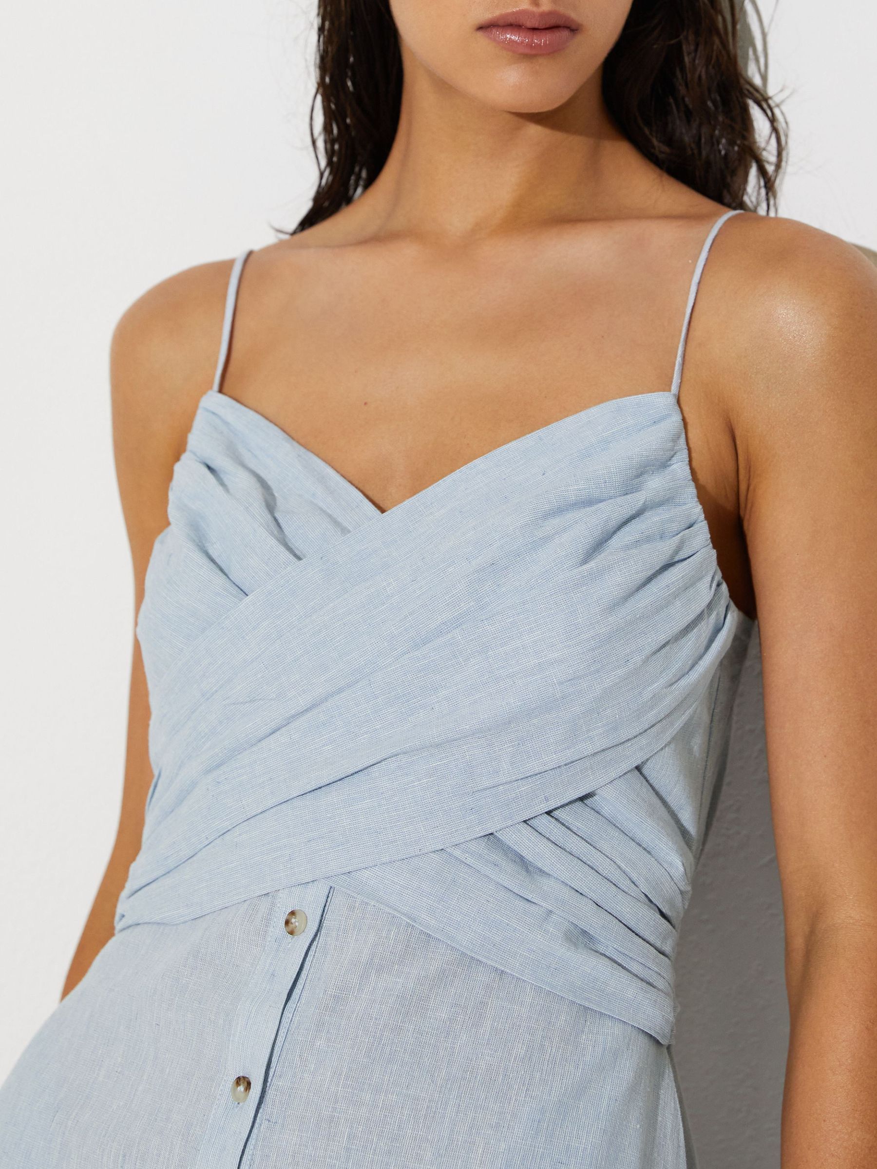 Linen-Cotton Draped Midi Beach Dress in Pale Blue - Image 3 de 6
