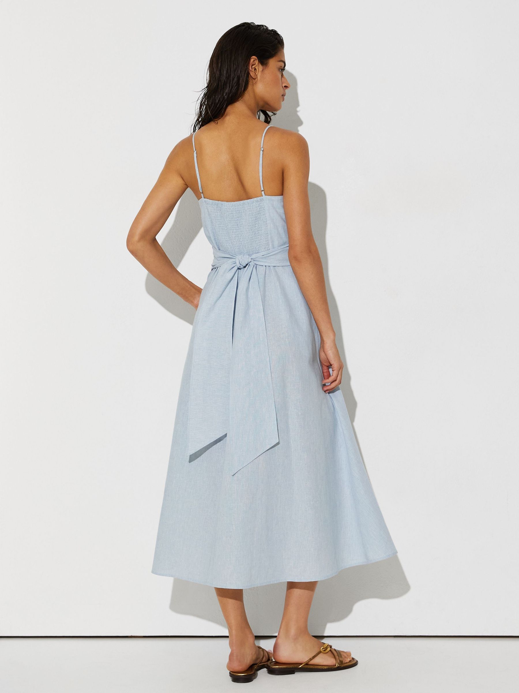 Linen-Cotton Draped Midi Beach Dress in Pale Blue - Image 4 de 6
