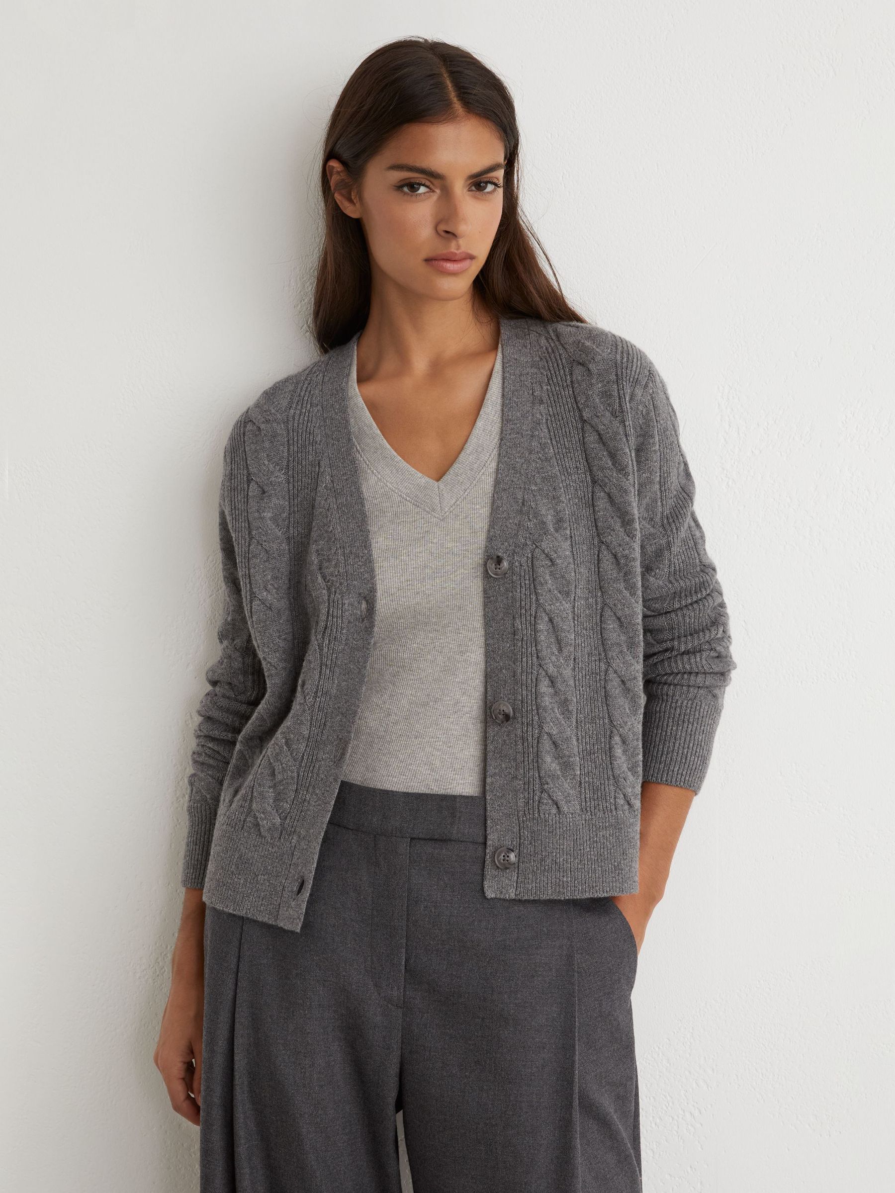 Wool-Cashmere Cable-Knit Cardigan in Charcoal Grey - Billede 1 af 6