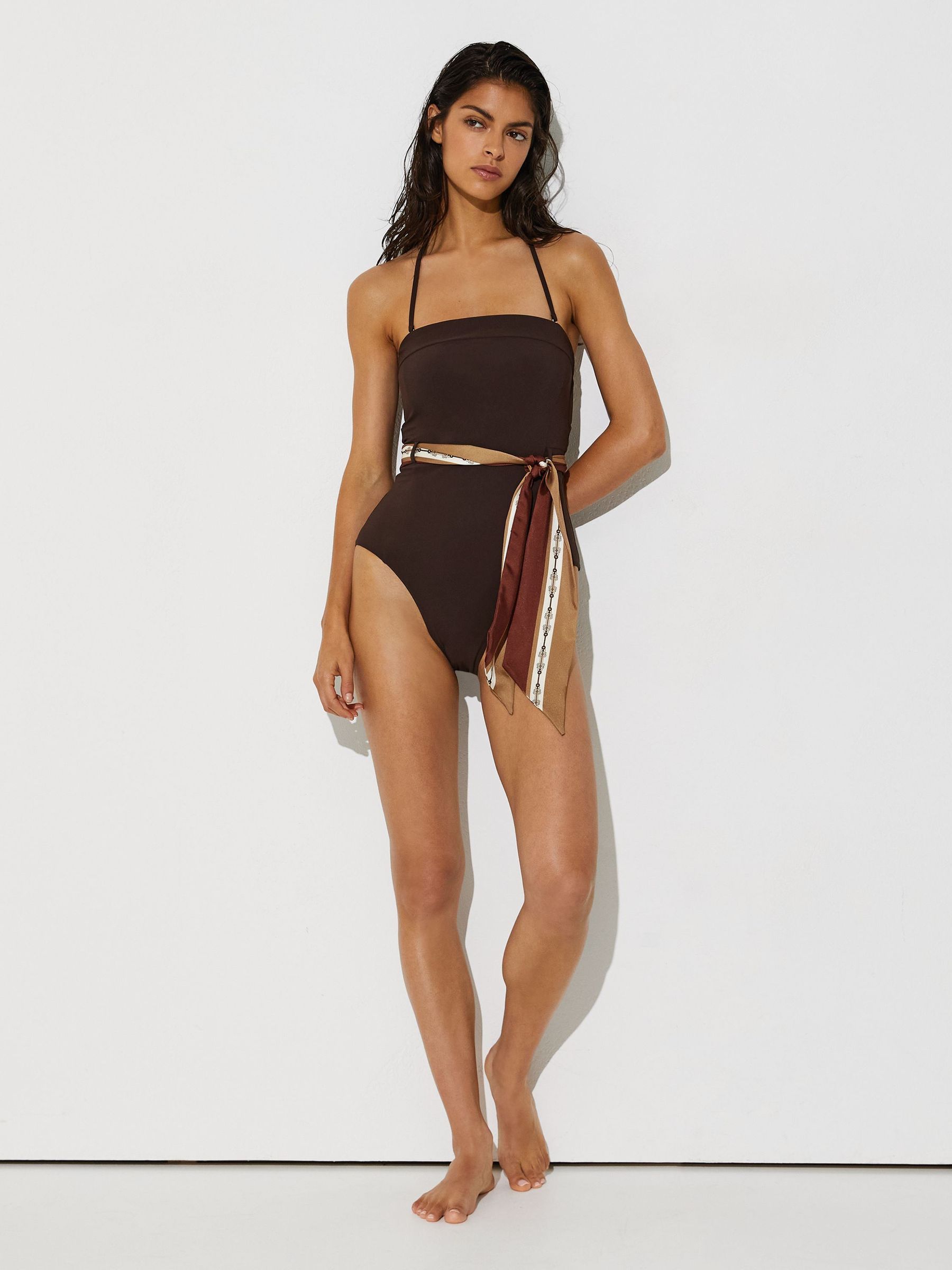 Bandeau Scarf-Tie Swimsuit in Chocolate Brown - Image 3 of 7