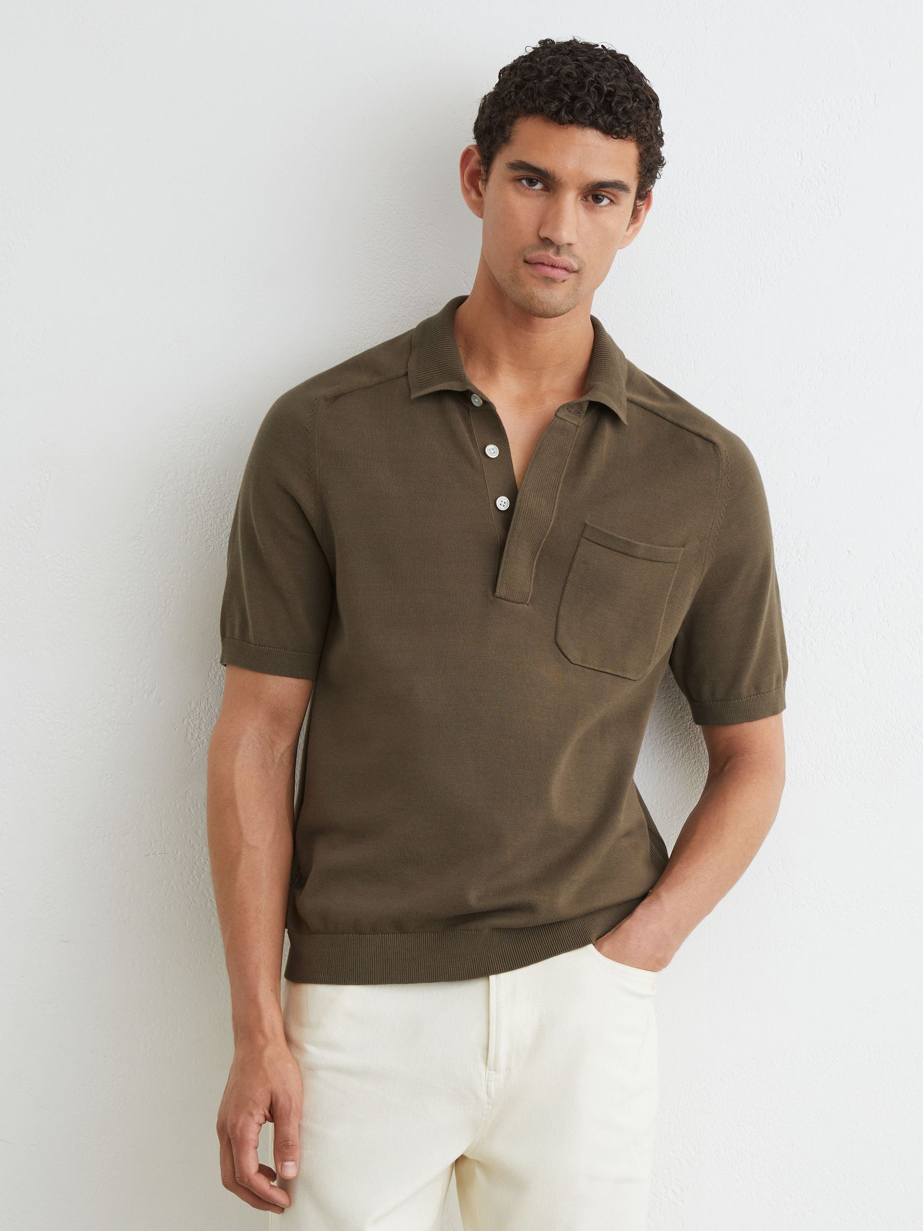 Cotton Knit Concealed-Placket Polo in Taupe Brown - Image 1 of 6