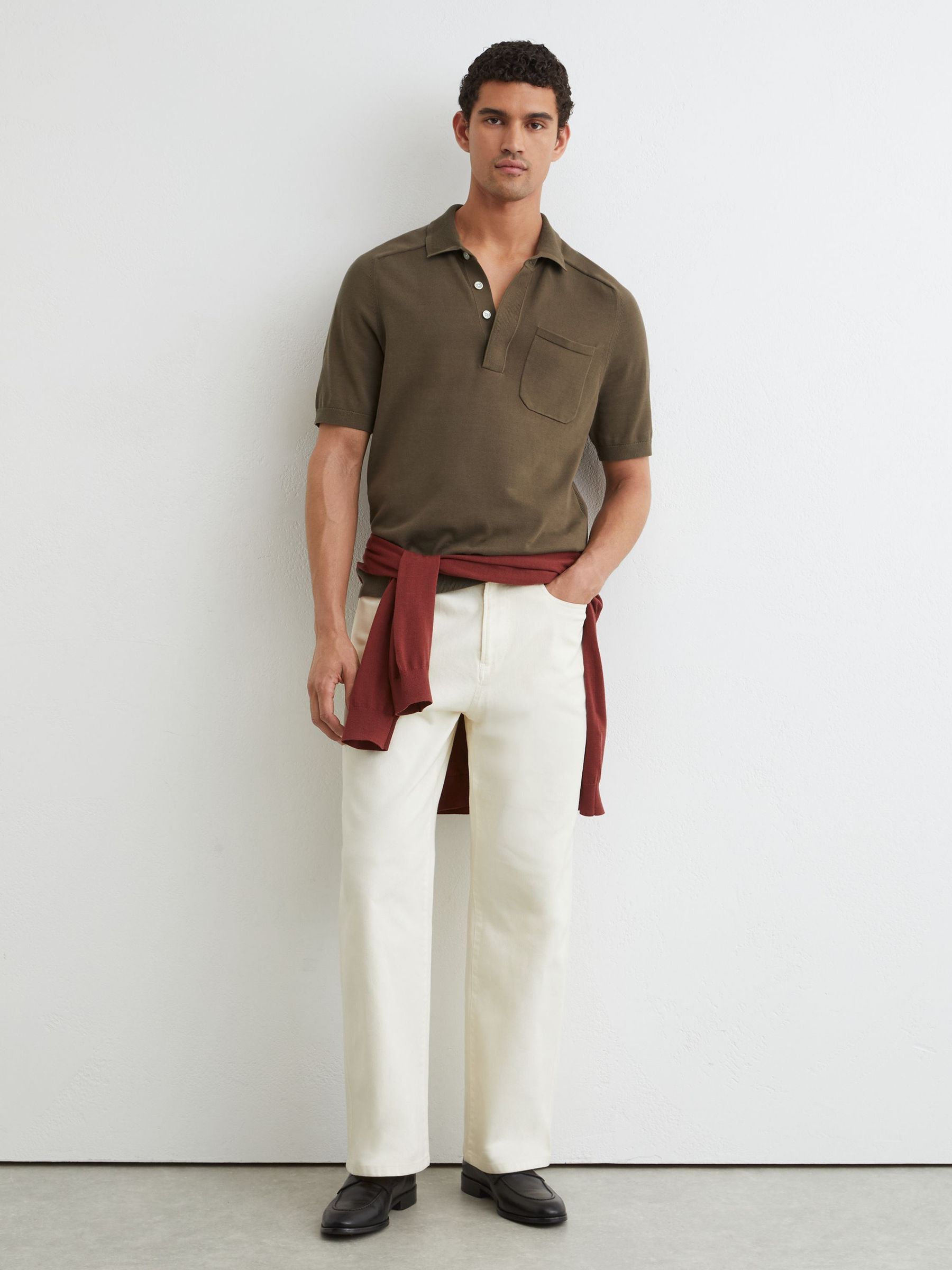 Cotton Knit Concealed-Placket Polo in Taupe Brown - Image 4 of 6