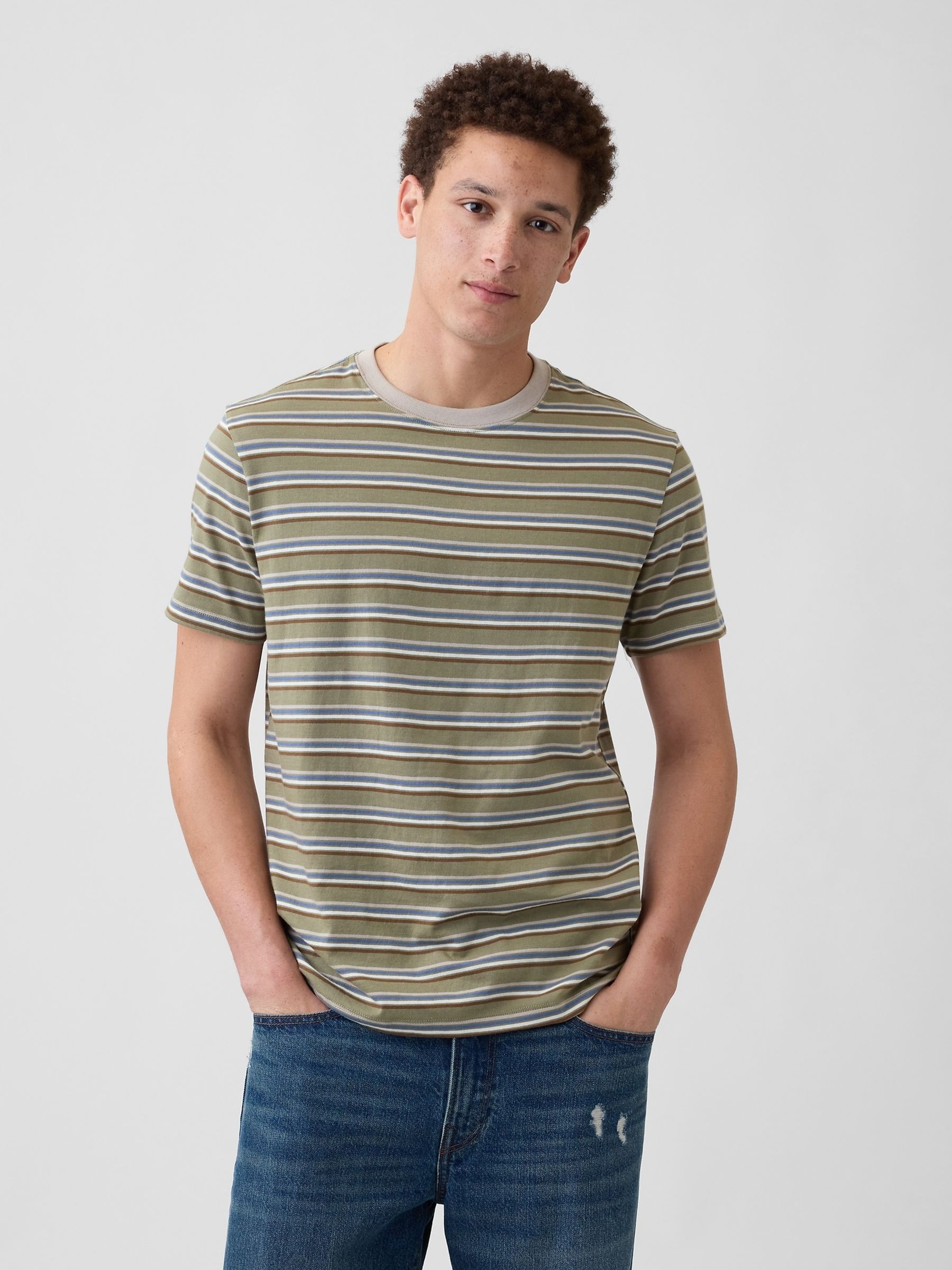 Khaki Green Everyday Soft Stripe Short Sleeve T-Shirt - Image 1 of 5