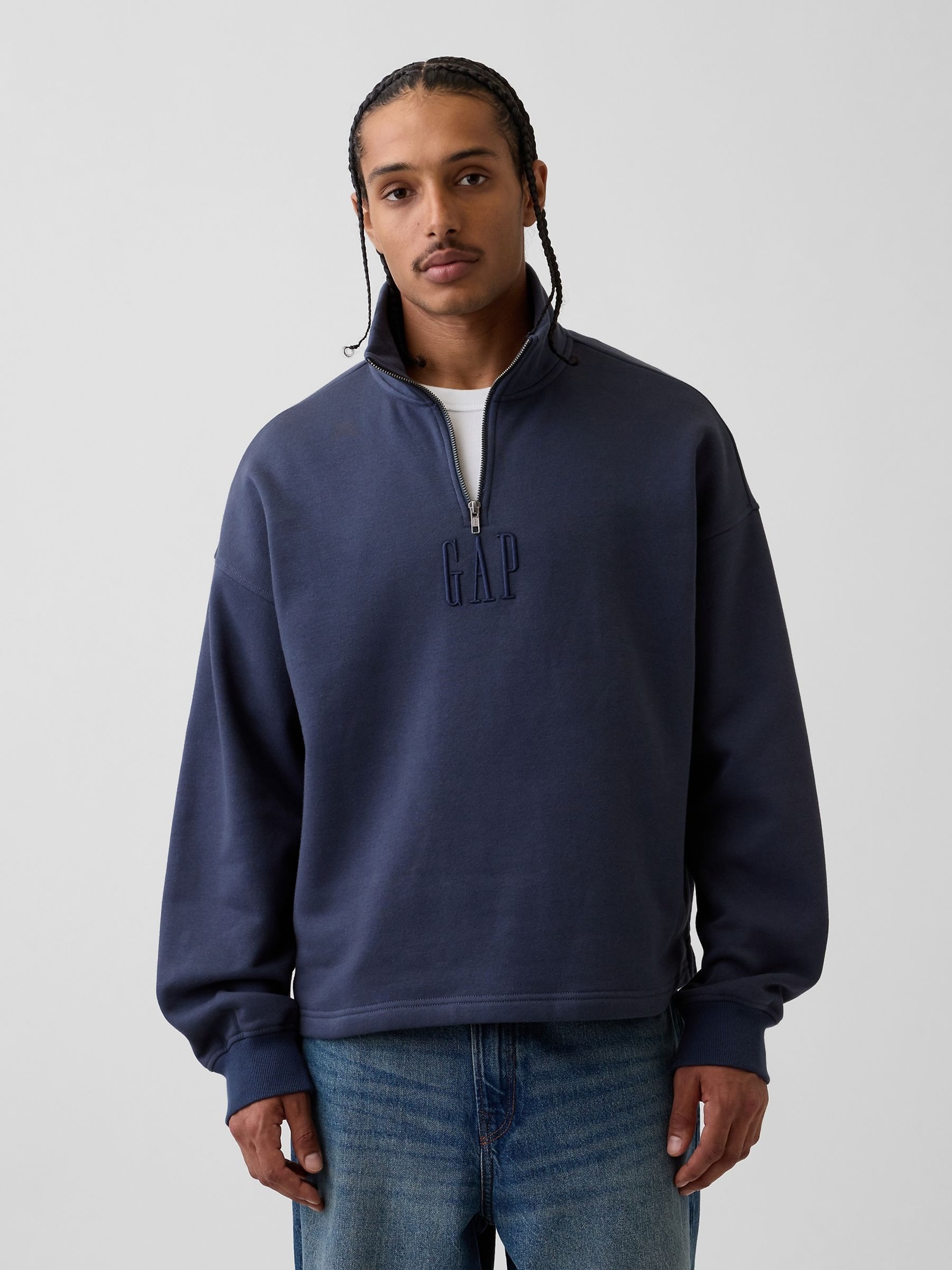 Navy Heavyweight Oversized Logo Quarter-Zip Sweatshirt - Image 1 of 4