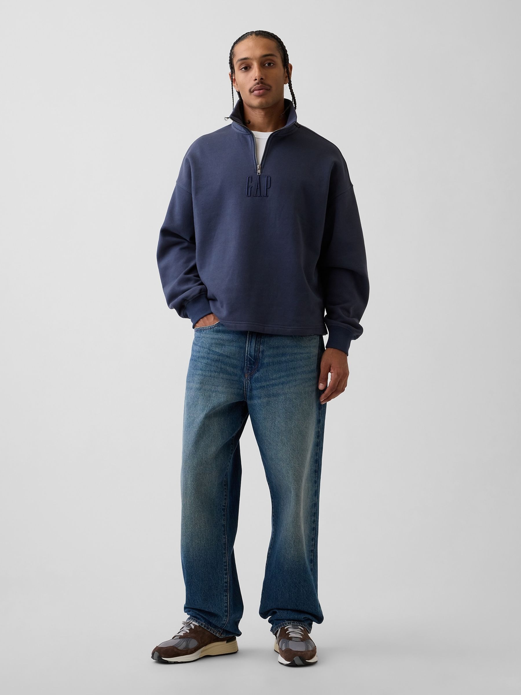 Navy Heavyweight Oversized Logo Quarter-Zip Sweatshirt - Image 3 of 4