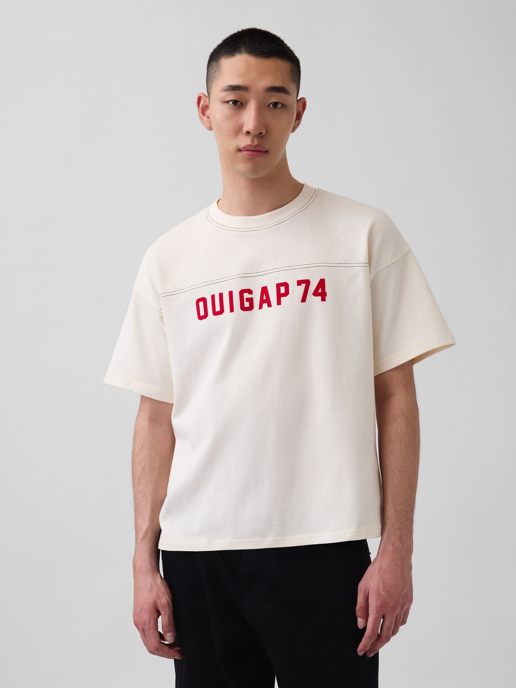 OuiGap Cream Heavyweight Boxy Logo Short Sleeve T-Shirt - Image 1 of 5