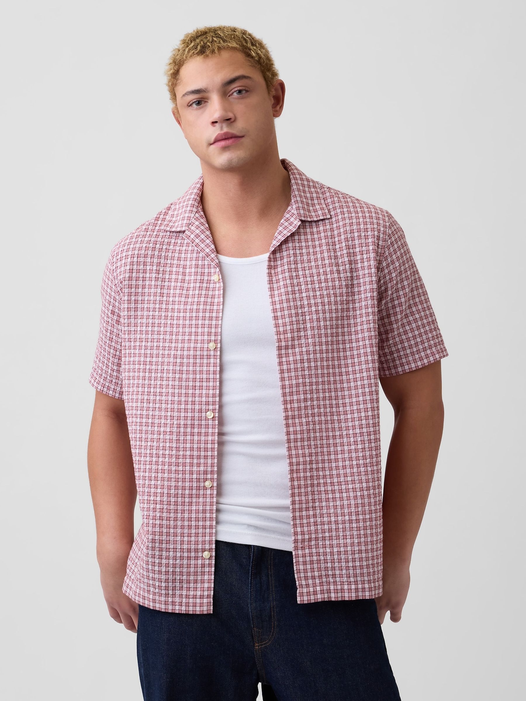 Pink Check Crinkle-Cotton Holiday Shirt - Image 1 of 5
