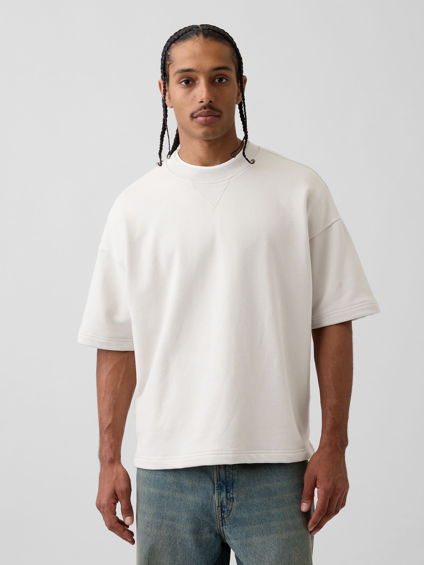 Cream Heavyweight French Terry Oversized Short Sleeve Sweatshirt - Image 1 of 4