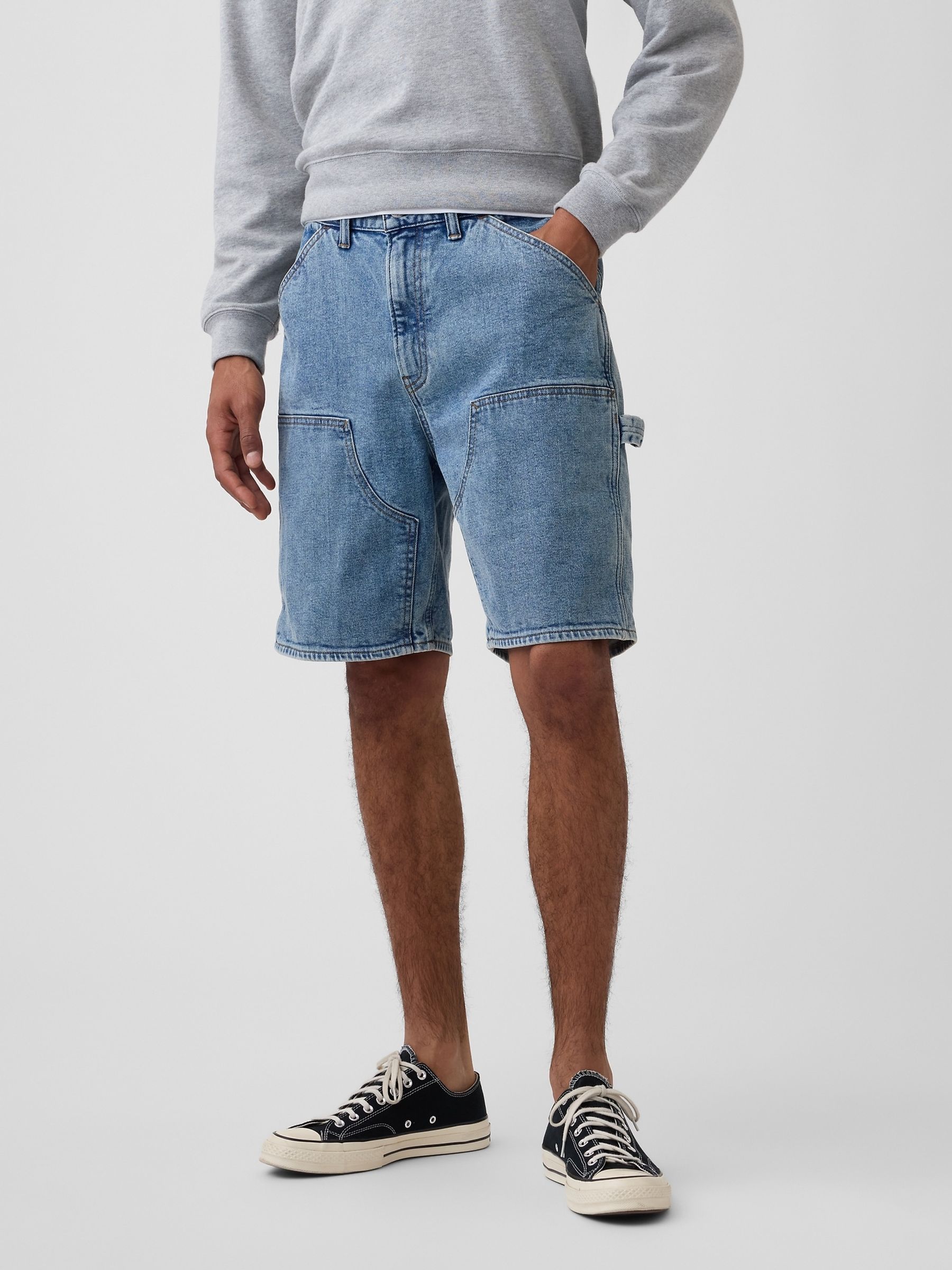 Medium Wash 9 inch Denim Carpenter Shorts - Image 1 of 6 Medium Wash 9 inch Denim Carpenter Shorts - Image 1 of 6