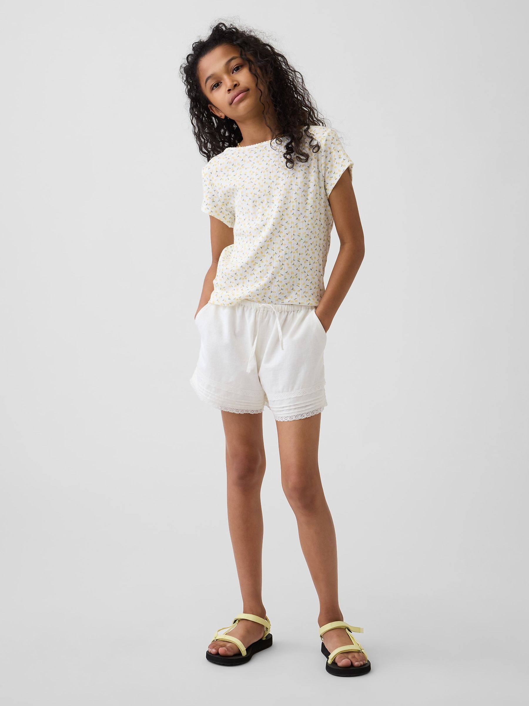 White Linen-Cotton Lace-Trim Easy Shorts - Image 3 of 6