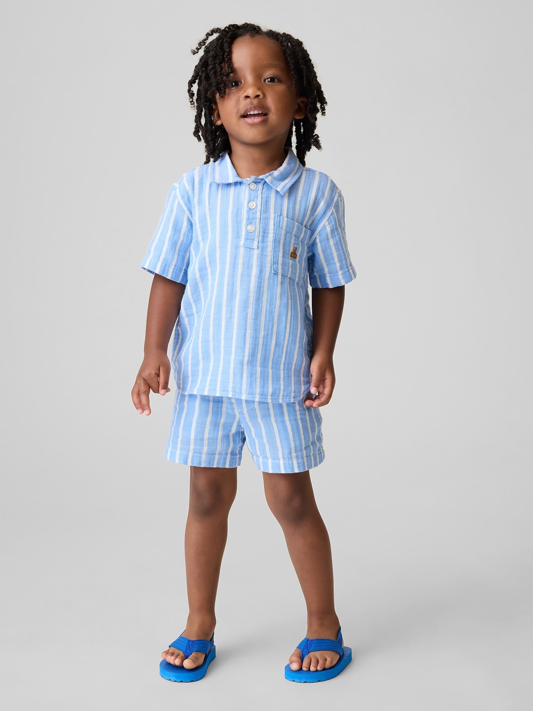 Blue Stripe Gauze Print Pull On Shorts - Image 1 of 3