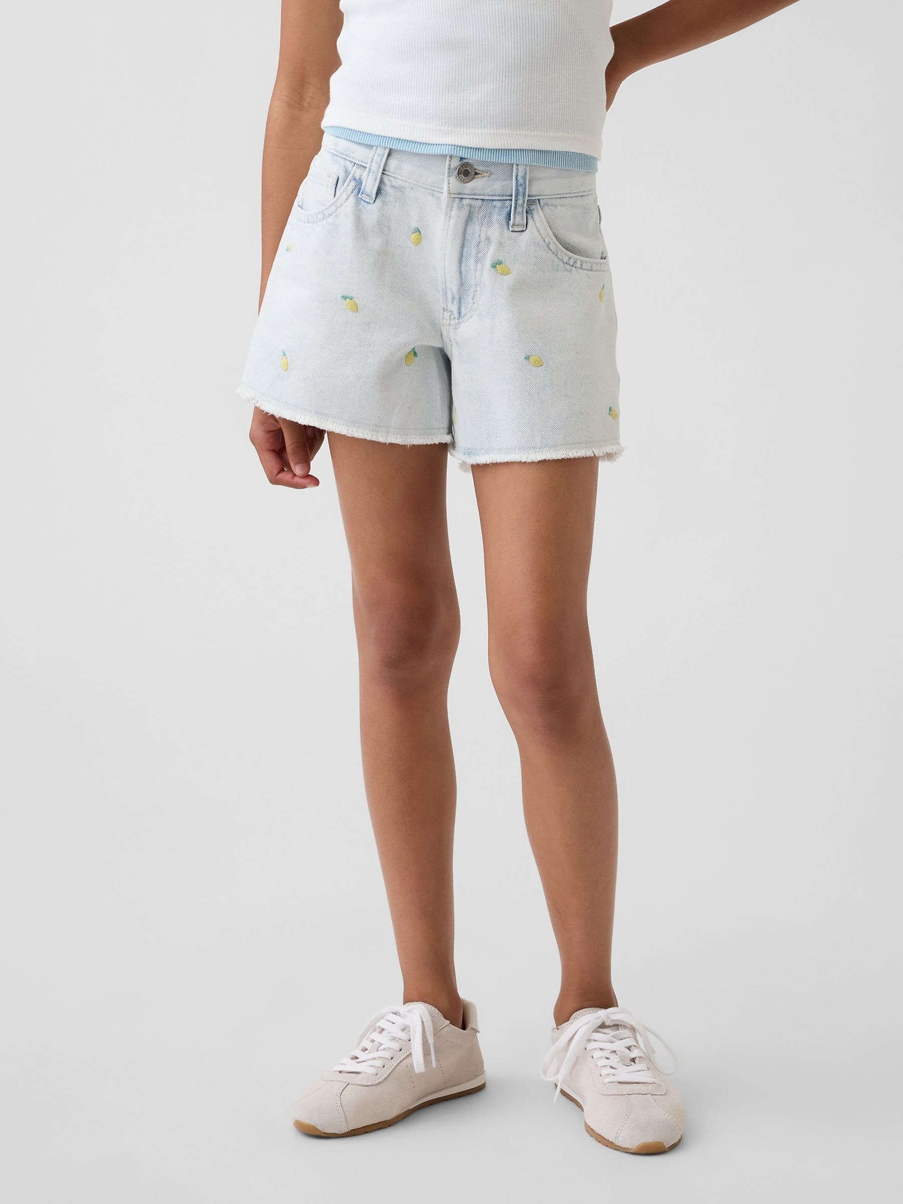 Light Wash Low Rise Stride Embroidered Lemon Denim Shorts - Image 1 of 6