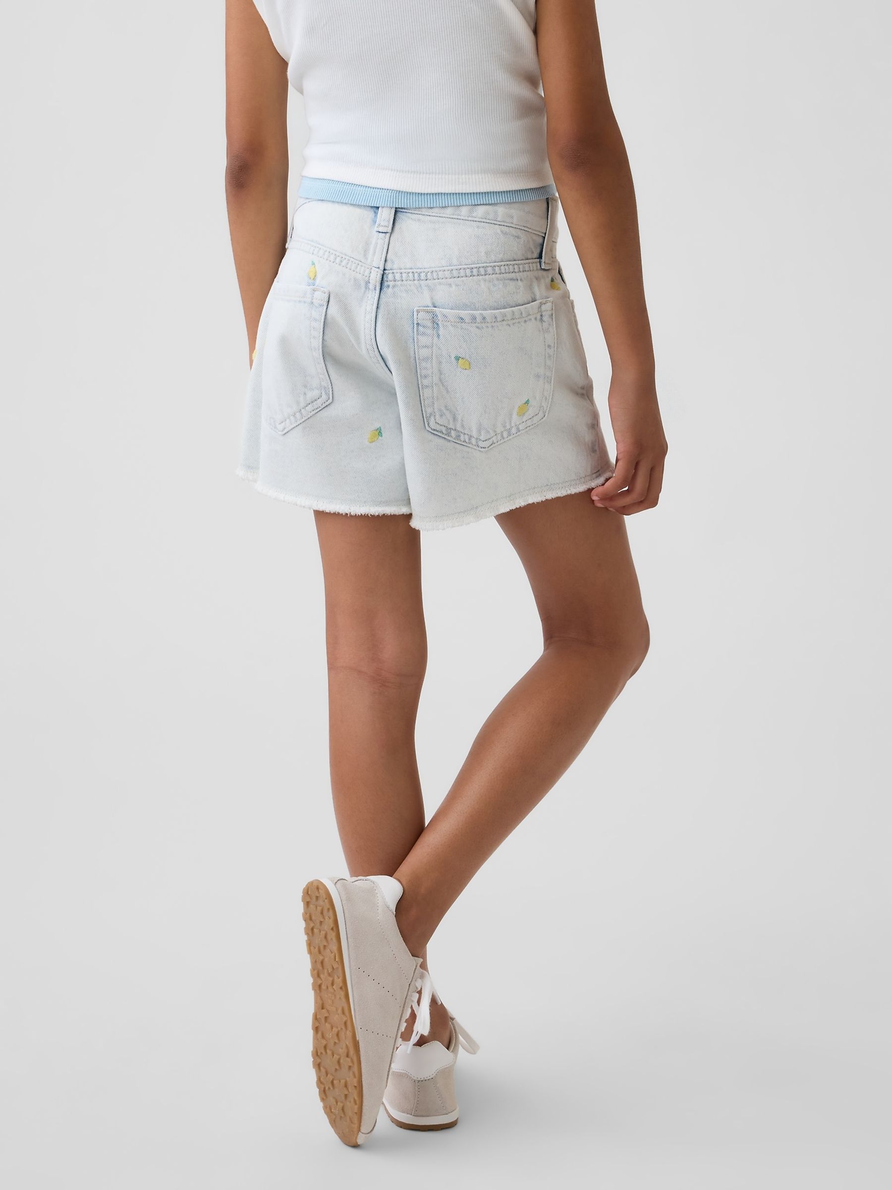 Light Wash Low Rise Stride Embroidered Lemon Denim Shorts - Image 2 of 6