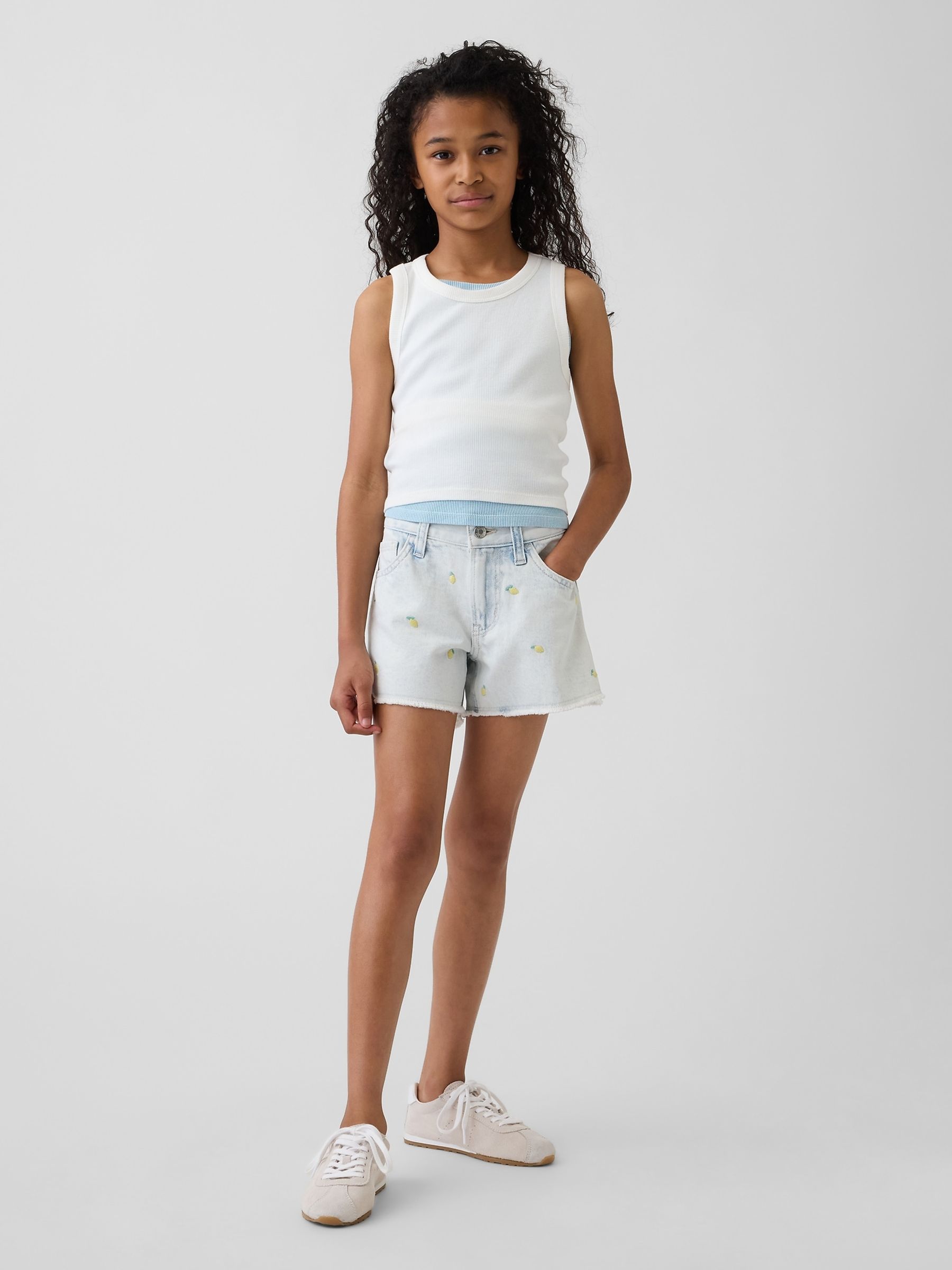 Light Wash Low Rise Stride Embroidered Lemon Denim Shorts - Image 3 of 6