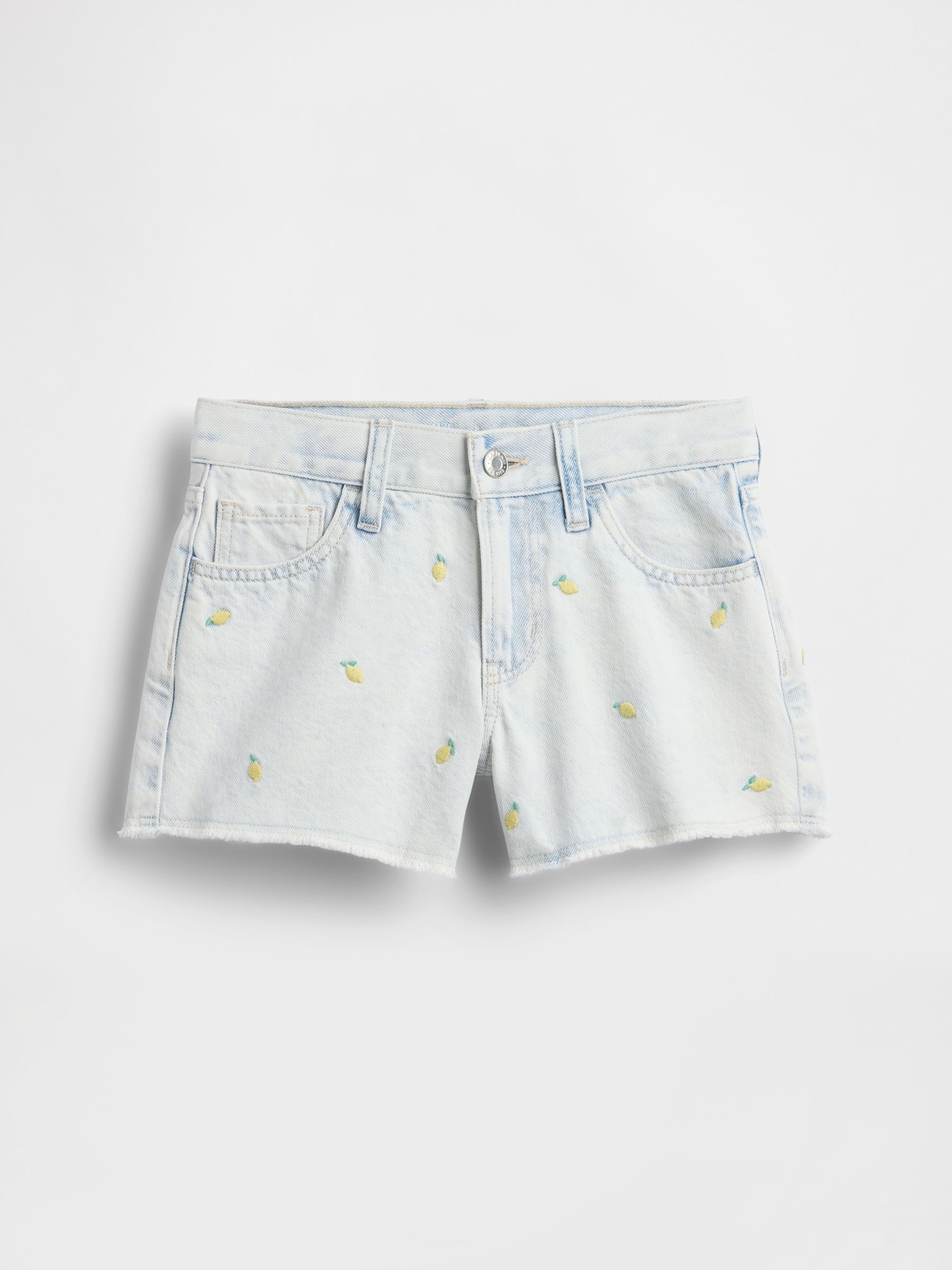 Light Wash Low Rise Stride Embroidered Lemon Denim Shorts - Image 4 of 6