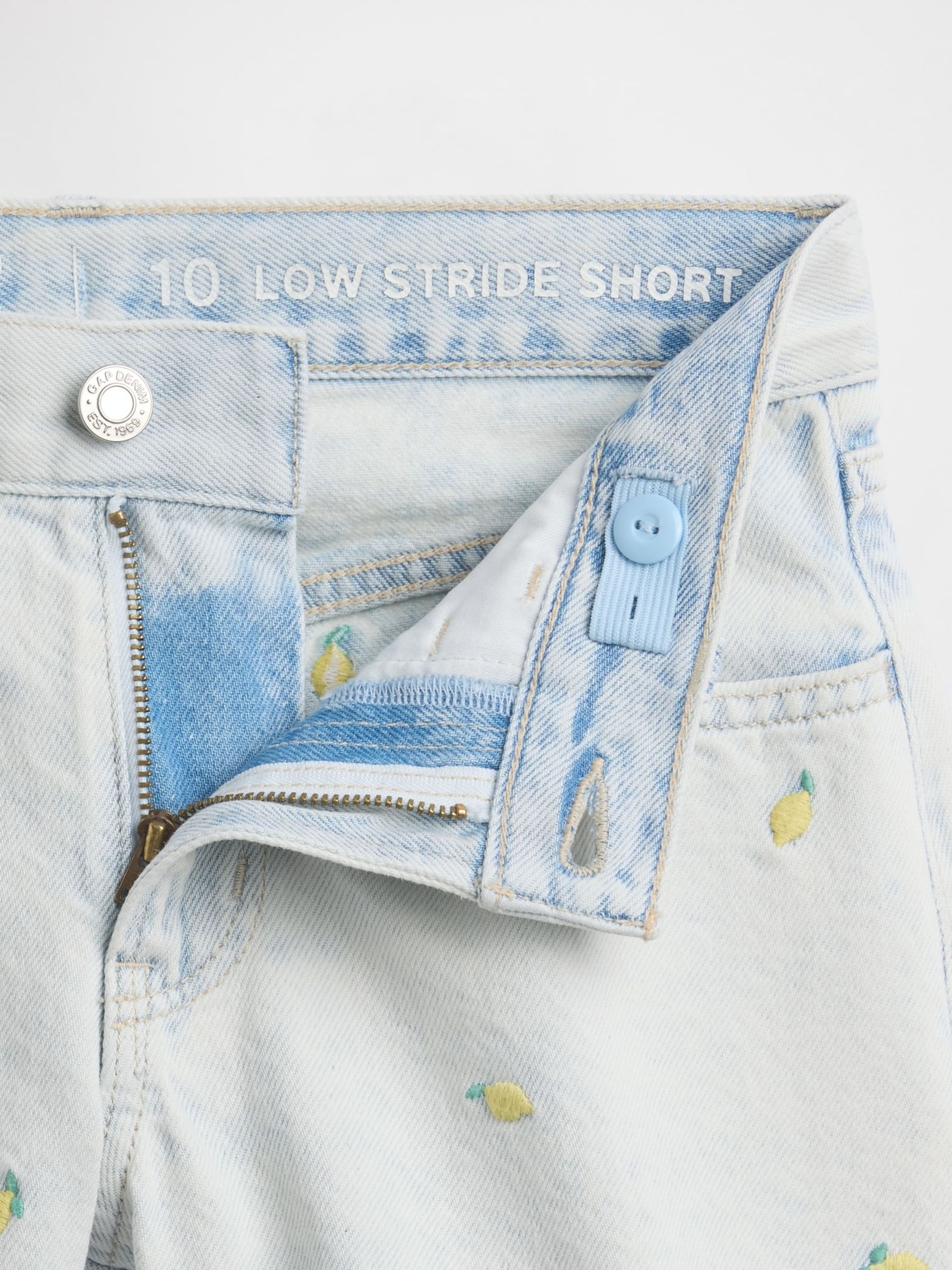 Light Wash Low Rise Stride Embroidered Lemon Denim Shorts - Image 5 of 6