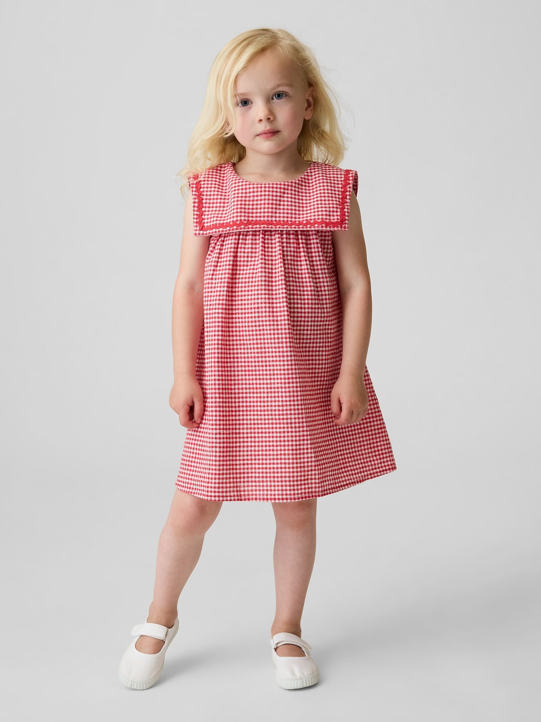 Red Linen-Cotton Gingham Sailor Dress - Image 1 of 4