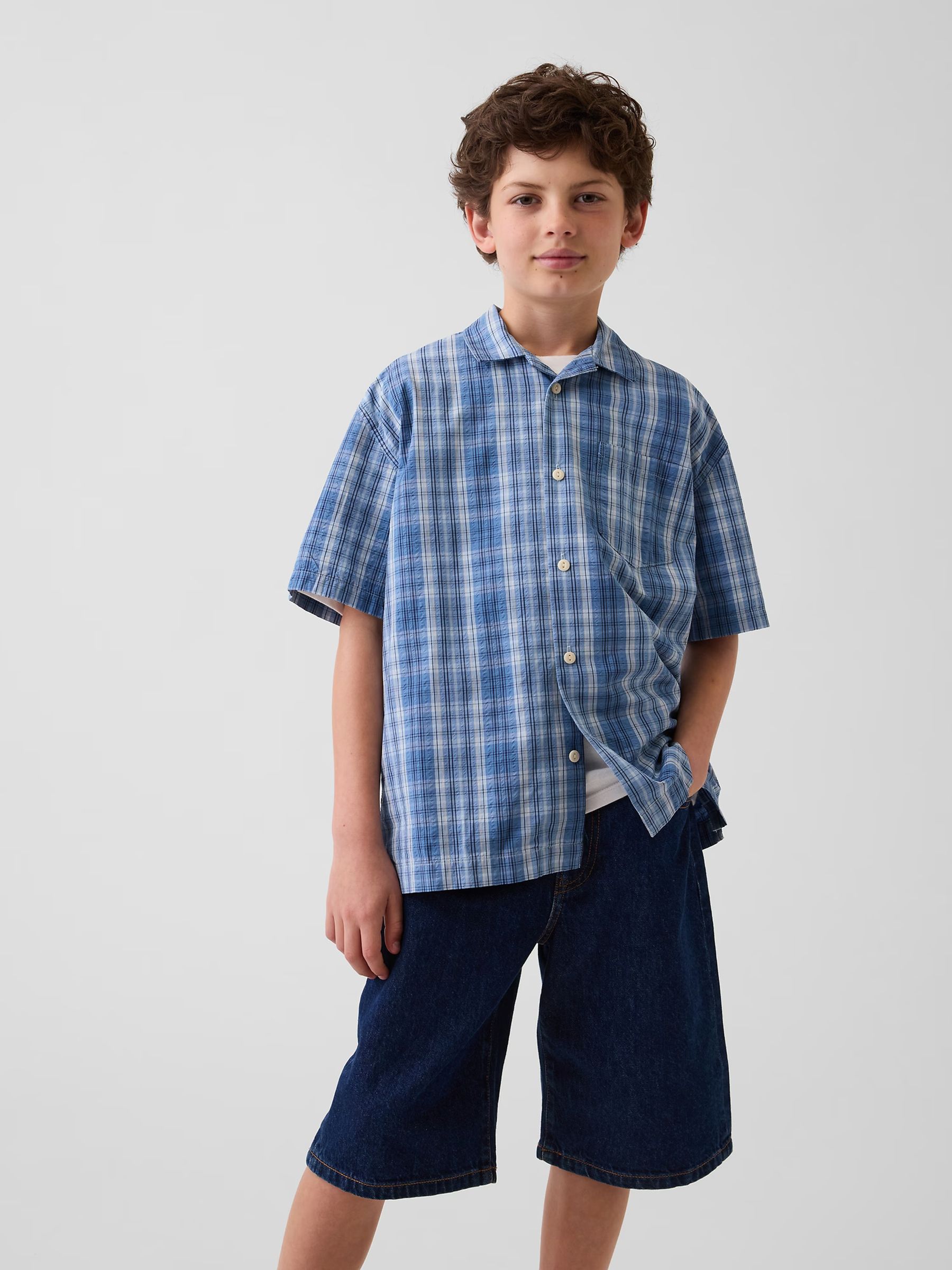 Blue Textured Check Relaxed Holiday Shirt - Image 1 of 3