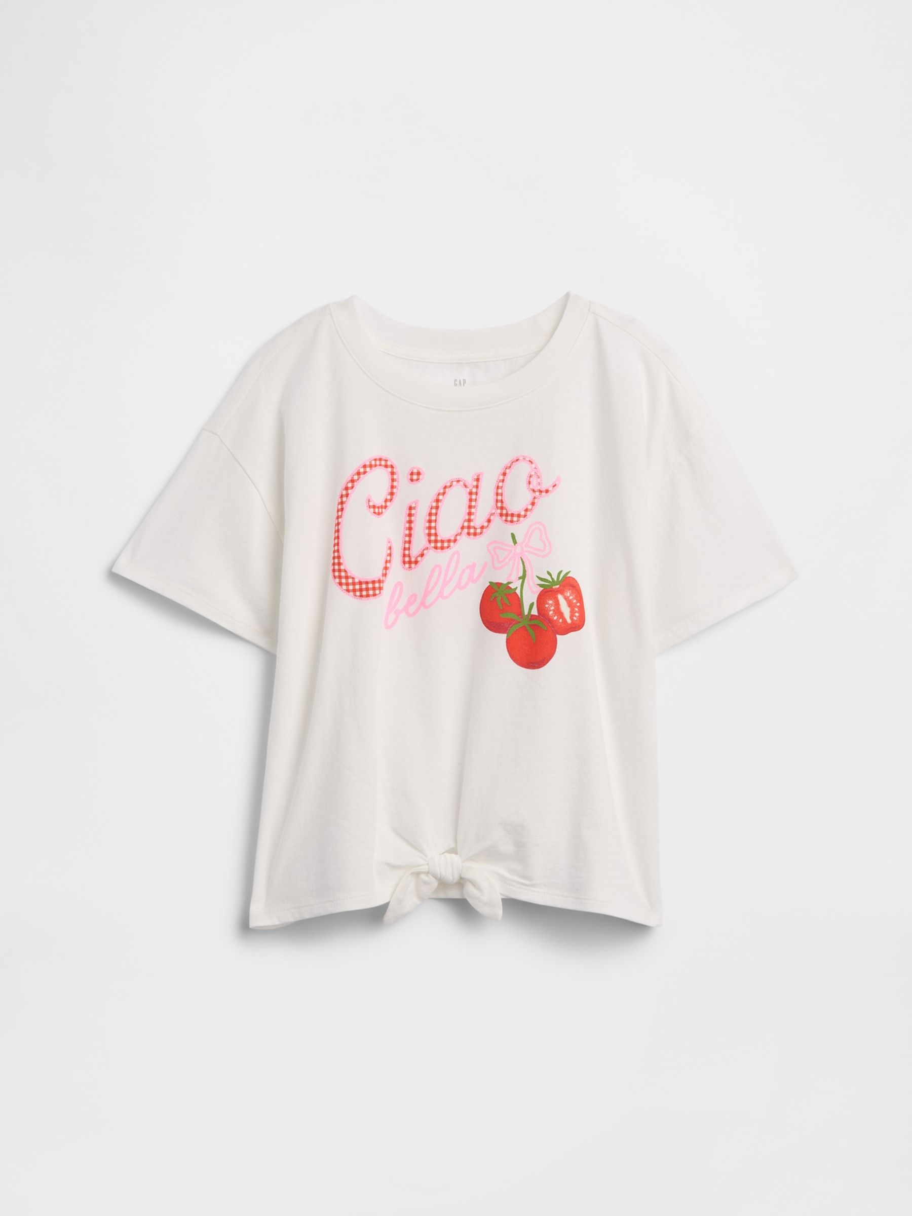 White Tomato Oversized Knot-Tie Graphic Short Sleeve T-Shirt - Image 1 of 3