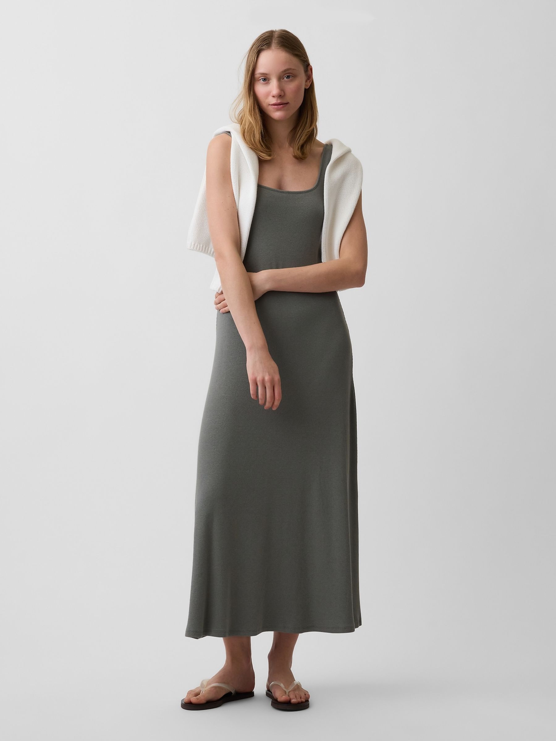 Green Modern Rib Square-Neck Maxi Dress - Image 1 of 4