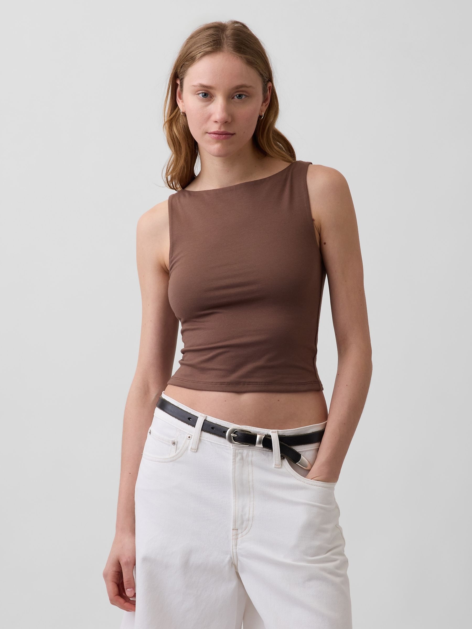 Brown Close Knit Jersey Boatneck Crop Vest - Image 1 of 4