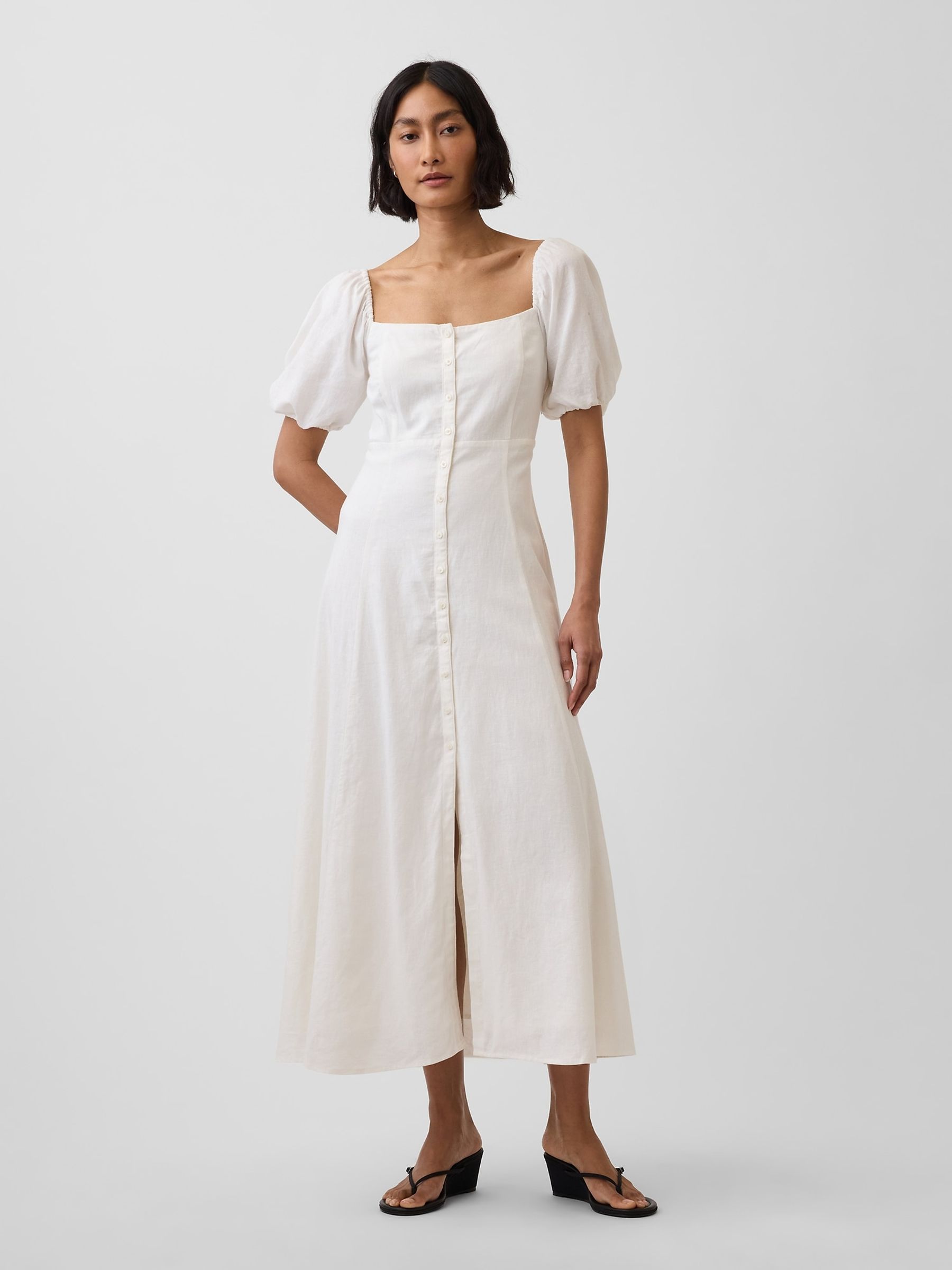 White Linen-Blend Empire Waist Maxi Dress - Image 1 of 3