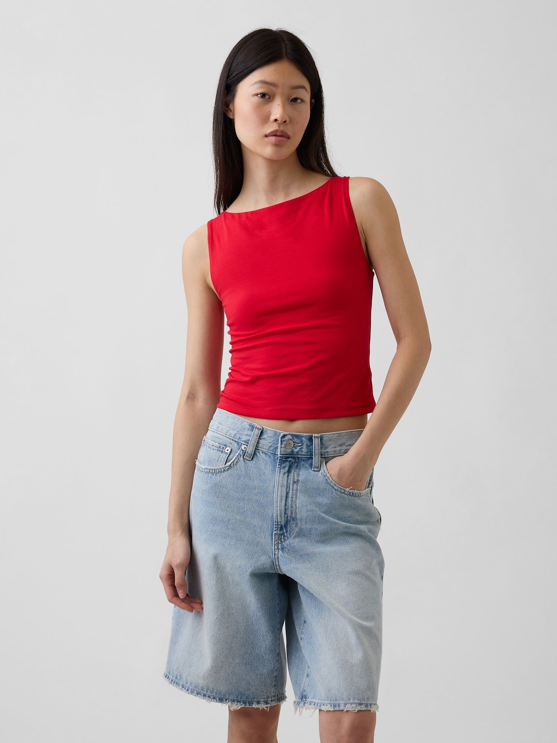 Red Close Knit Jersey Boatneck Crop Vest - Image 1 of 4