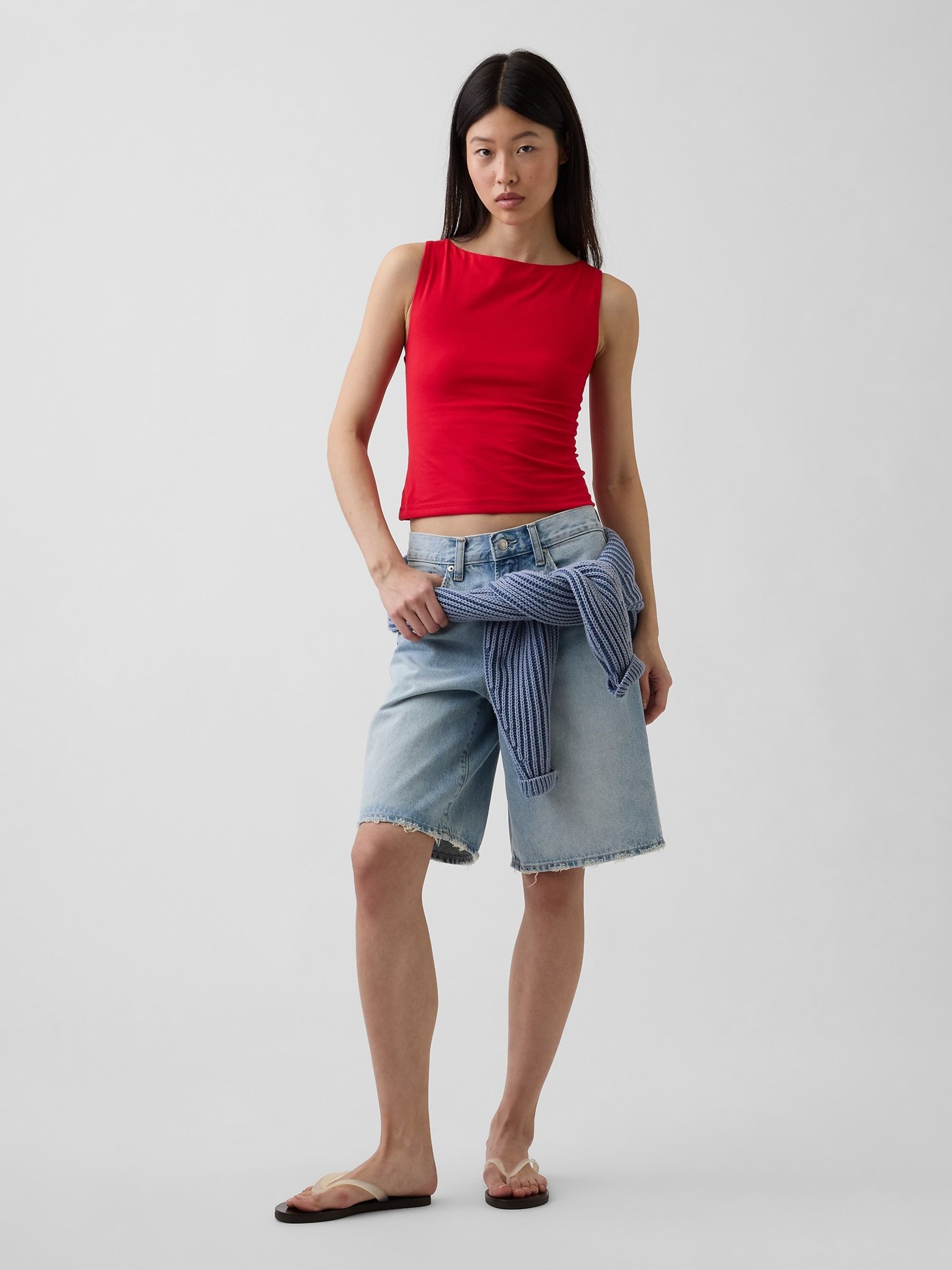 Red Close Knit Jersey Boatneck Crop Vest - Image 3 of 4