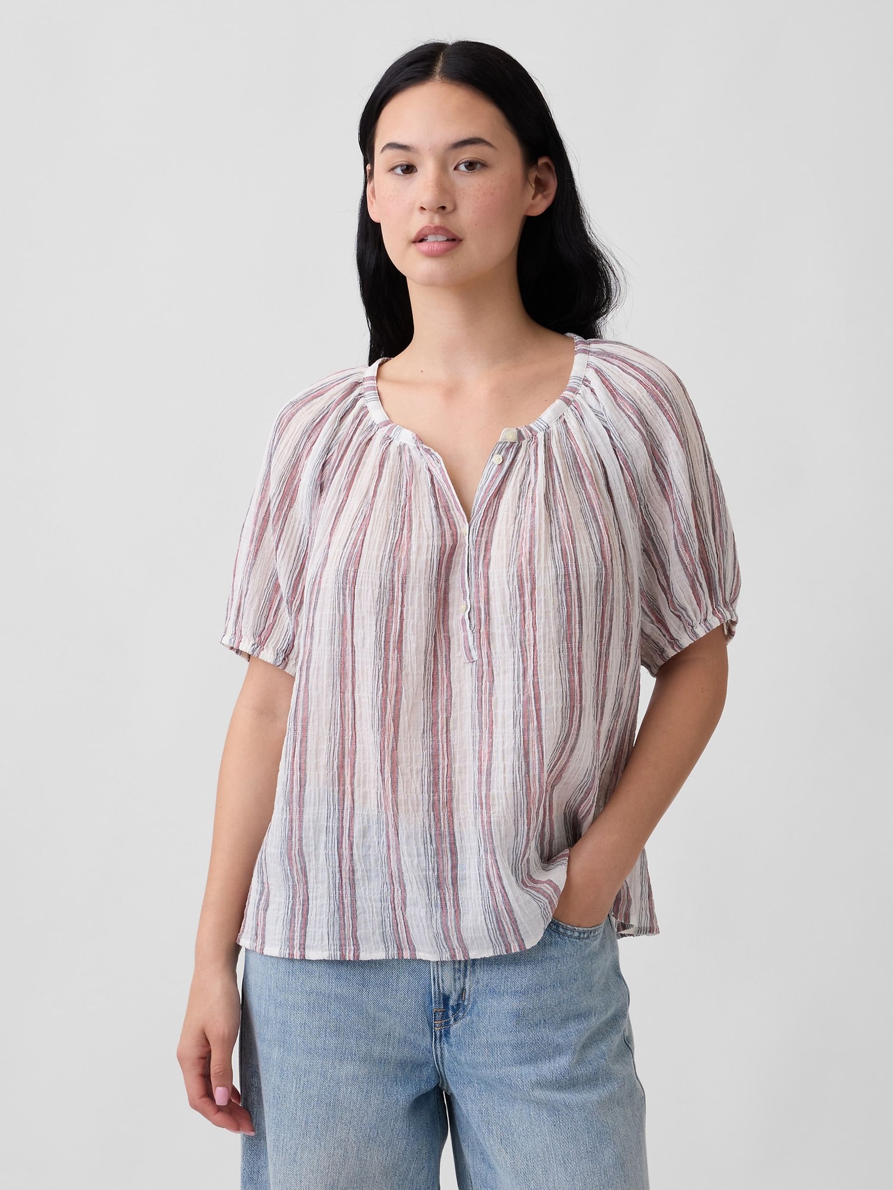 Cream/Pink stripe Oversized Puff Sleeve Top - Image 1 of 5