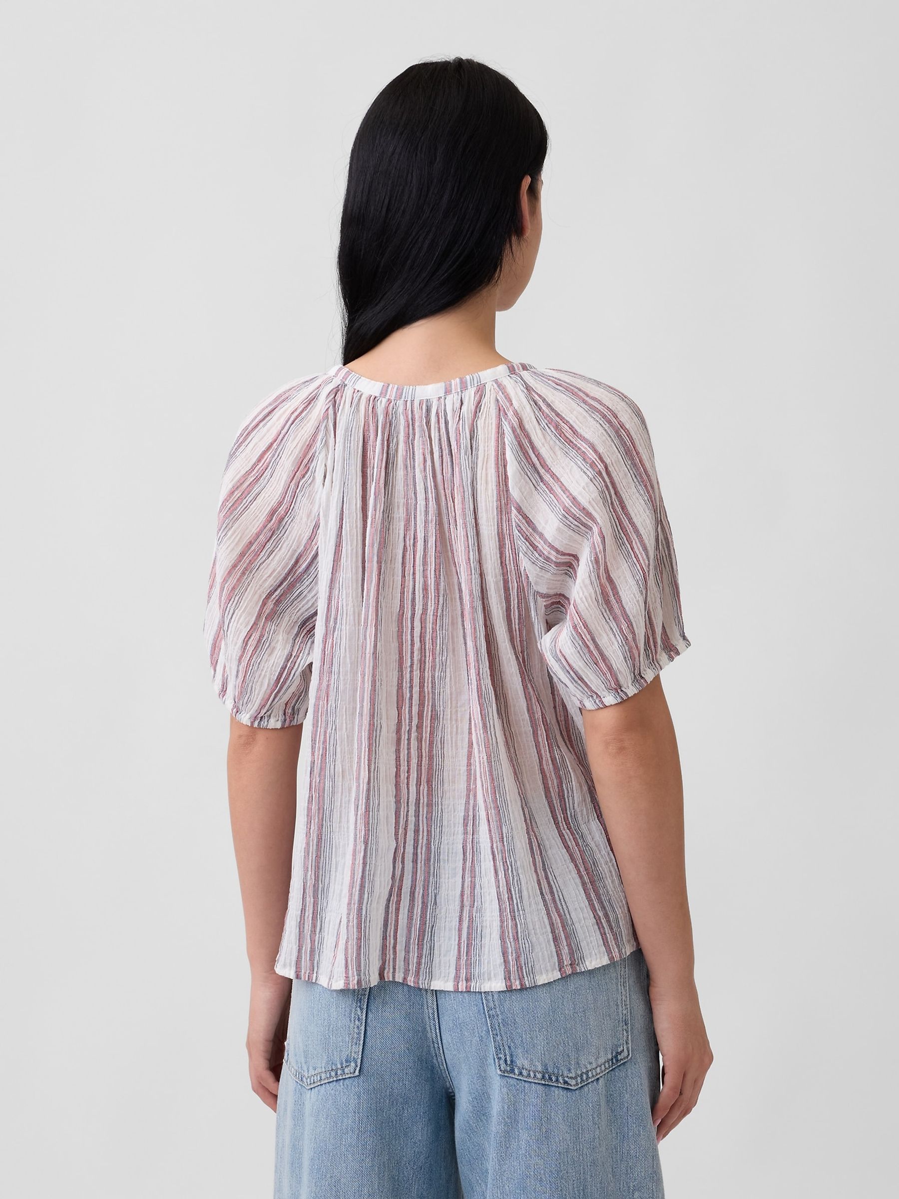 Cream/Pink stripe Oversized Puff Sleeve Top - Image 2 of 5
