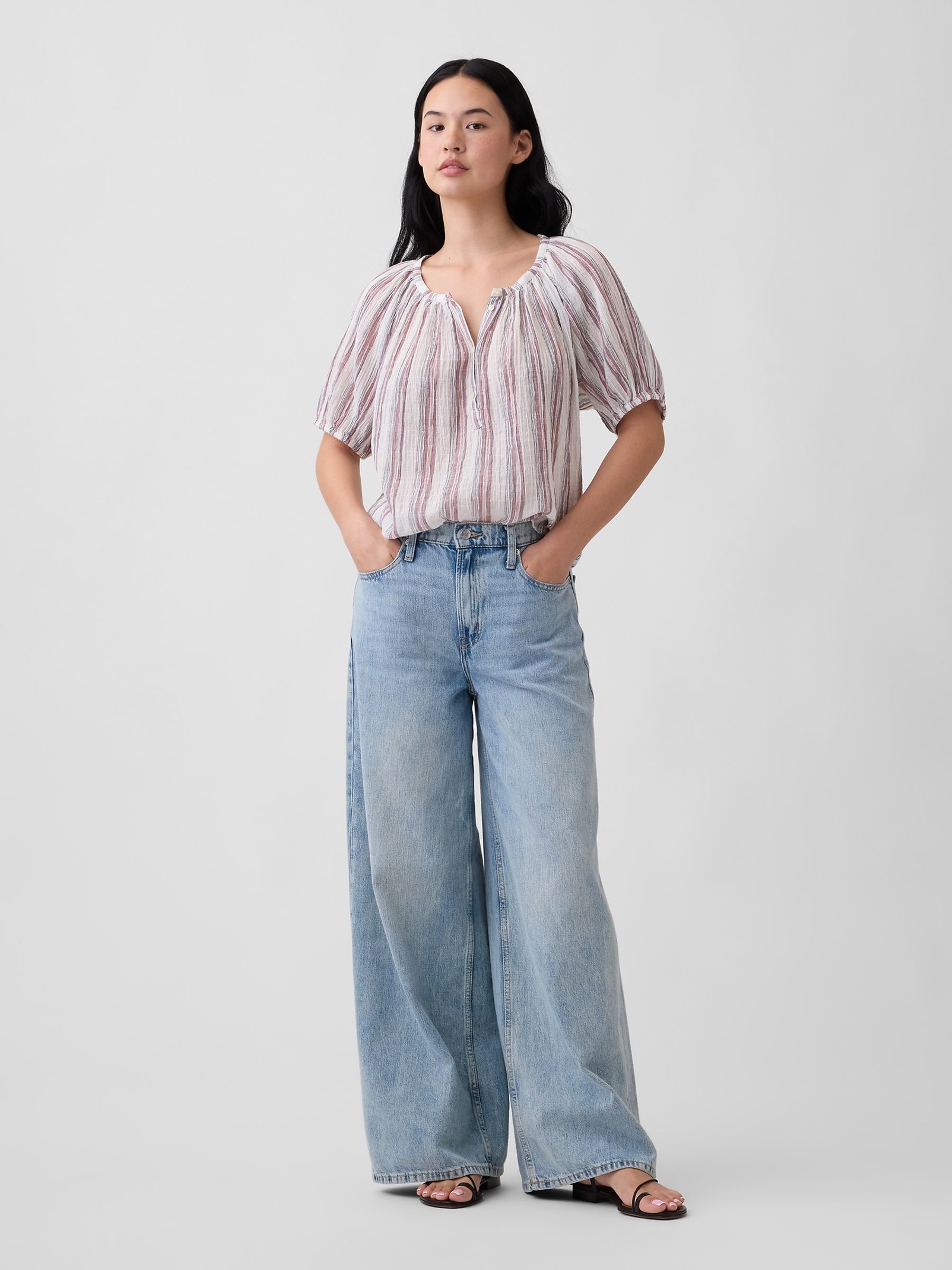 Cream/Pink stripe Oversized Puff Sleeve Top - Image 3 of 5