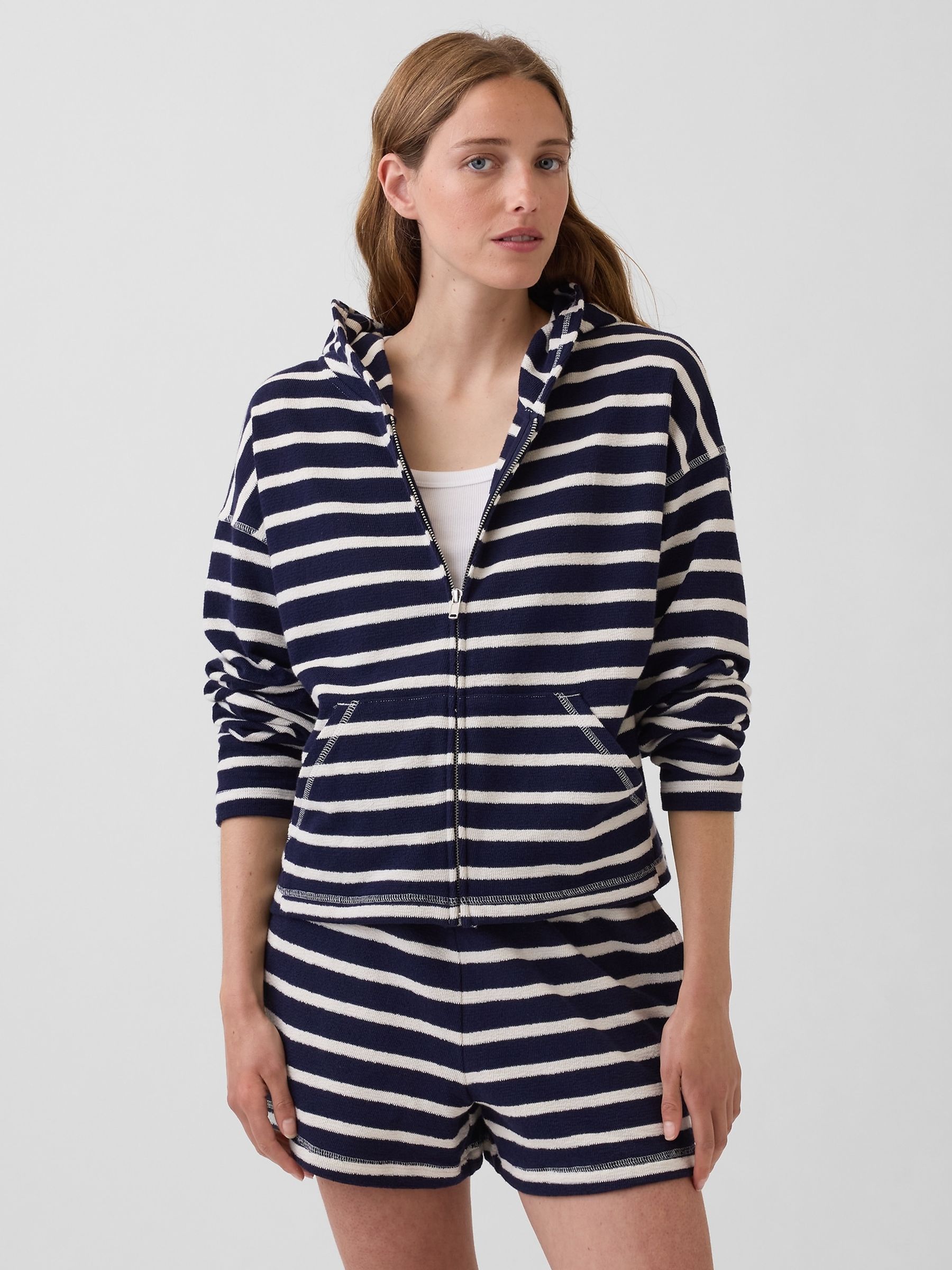Navy Towel Terry Oversized Stripe Zip Hoodie - Image 1 of 4