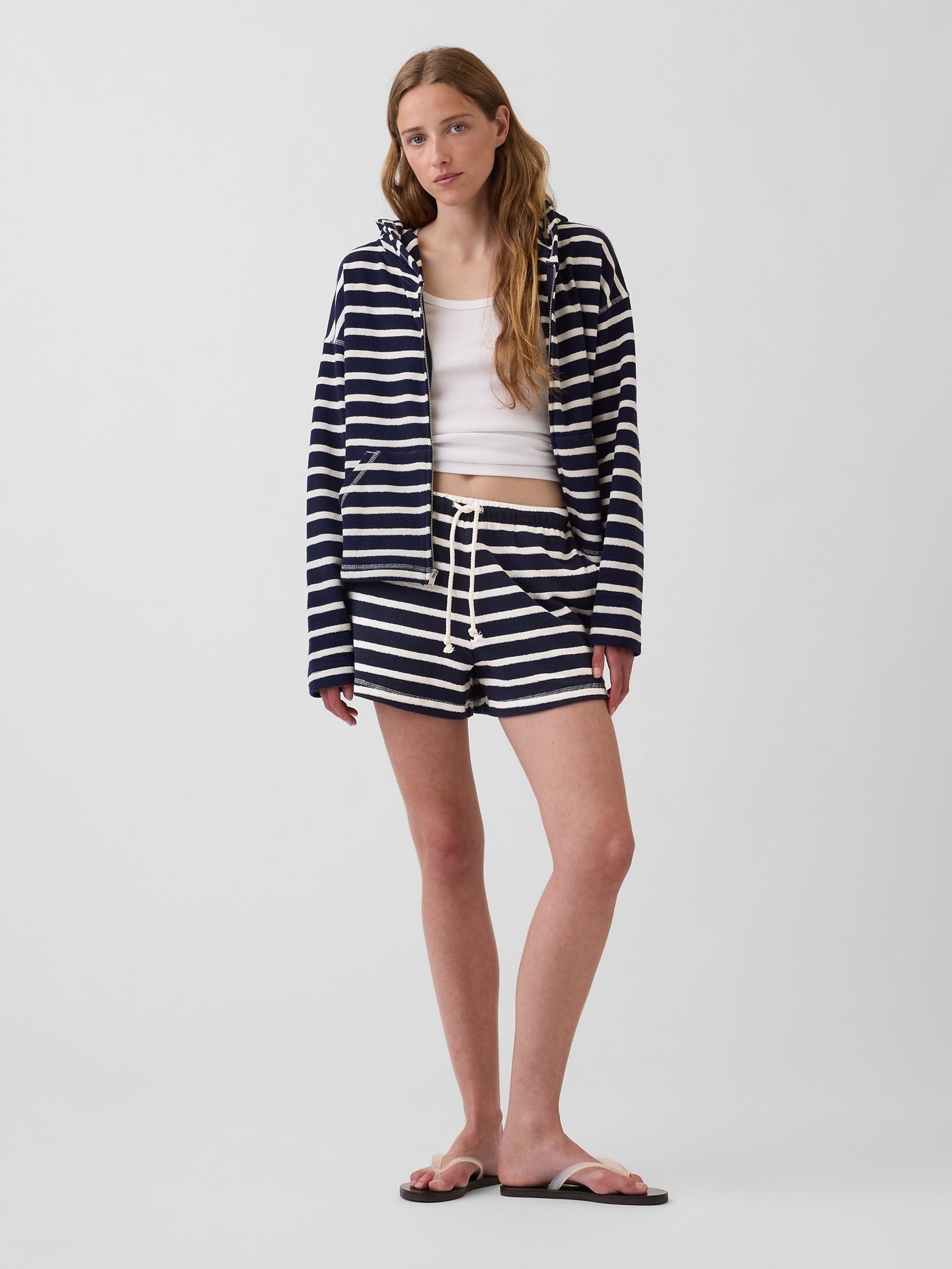 Navy Towel Terry Oversized Stripe Zip Hoodie - Image 3 of 4