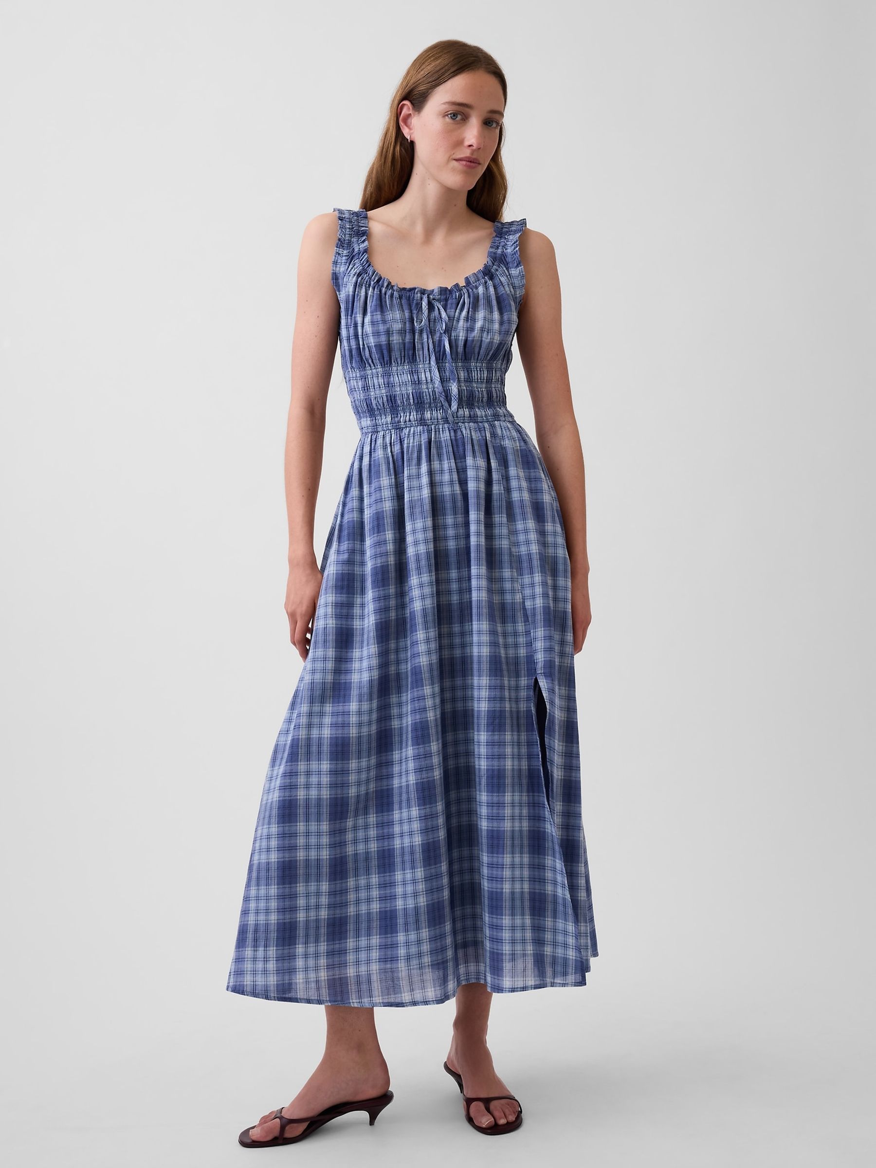 Blue Check Voile Smocked Waist Maxi Dress - Image 1 of 5