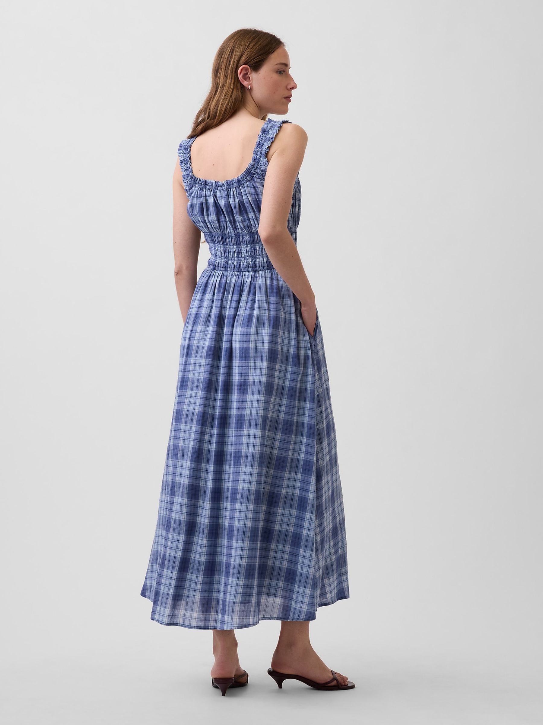 Blue Check Voile Smocked Waist Maxi Dress - Image 2 of 5