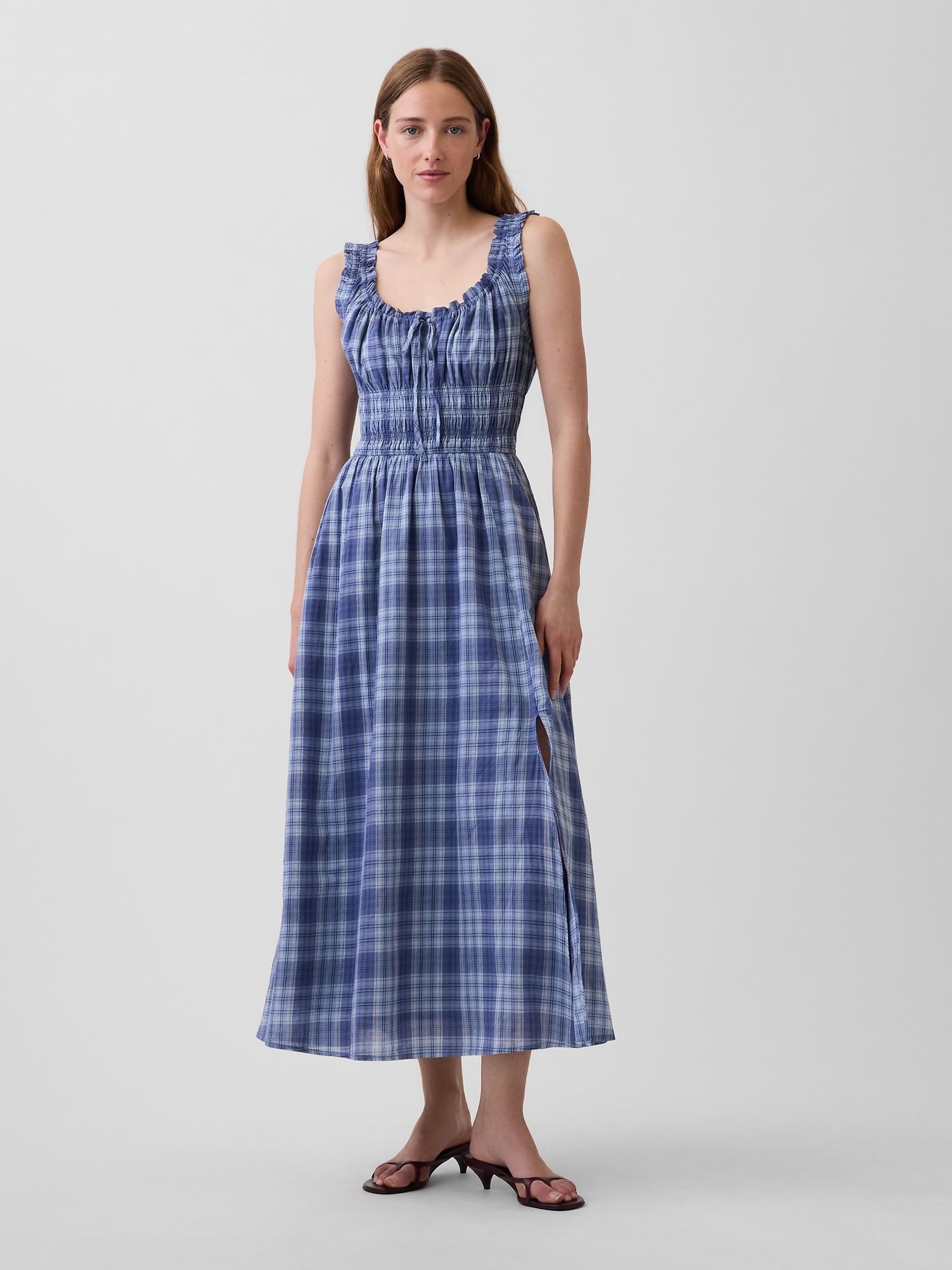 Blue Check Voile Smocked Waist Maxi Dress - Image 3 of 5