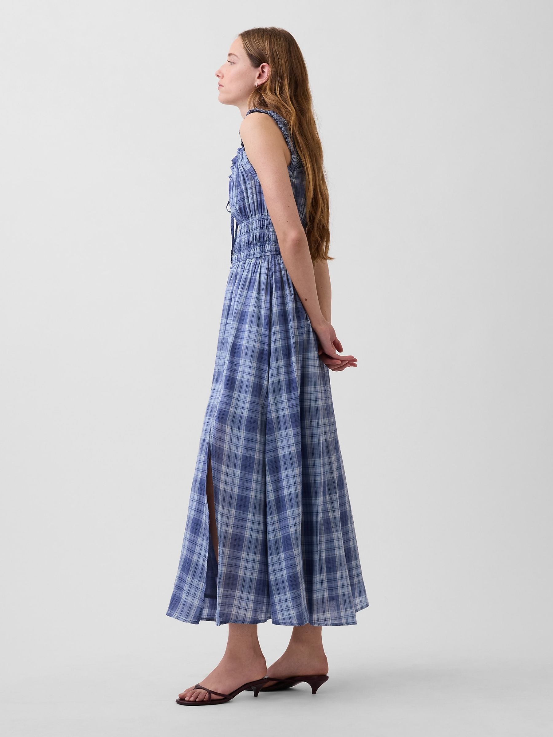 Blue Check Voile Smocked Waist Maxi Dress - Image 4 of 5