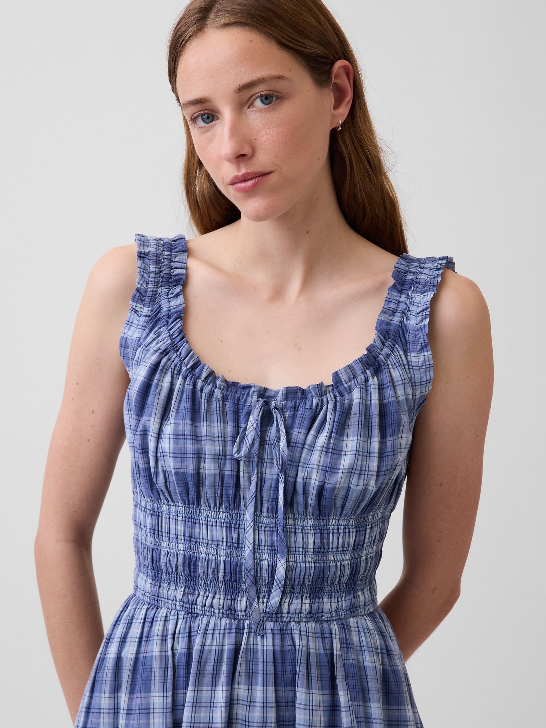 Blue Check Voile Smocked Waist Maxi Dress - Image 5 of 5