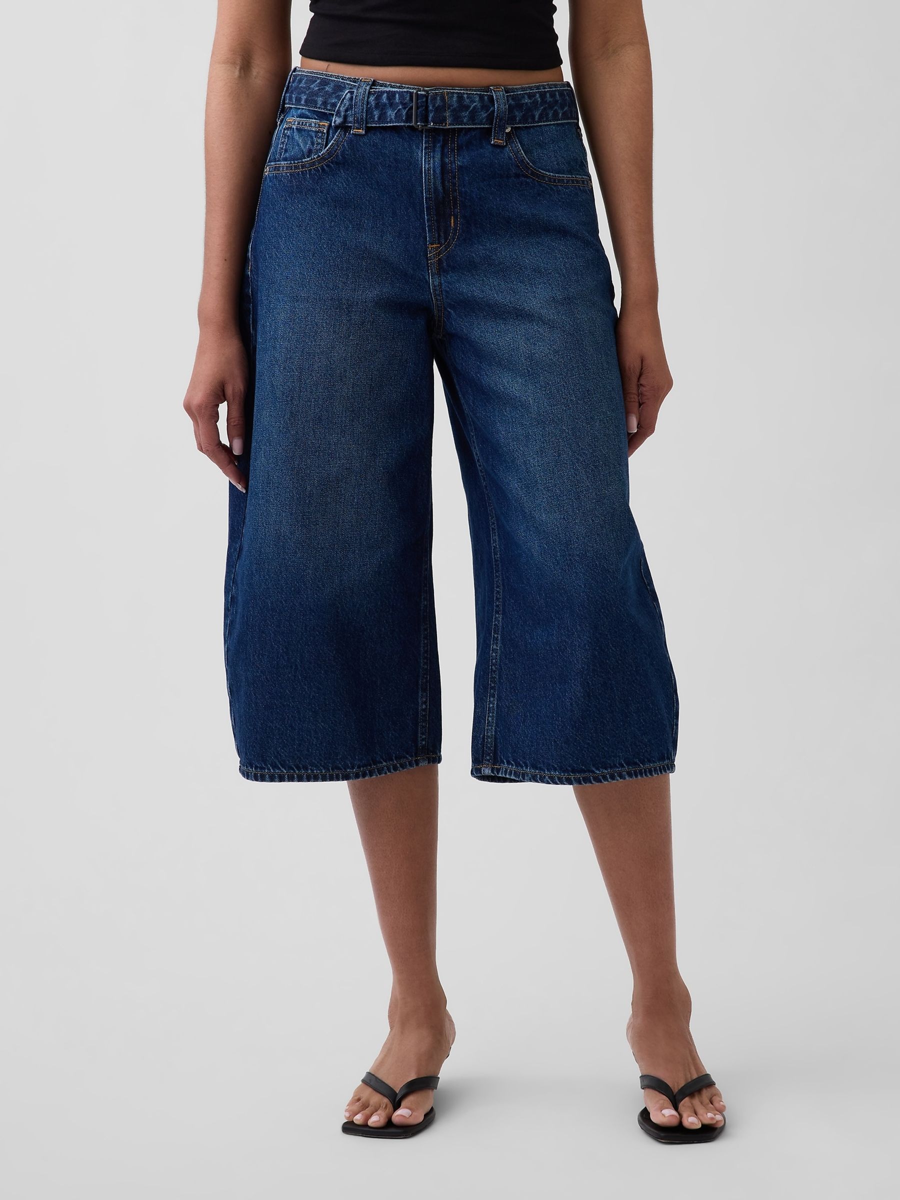Dark Wash High Waisted Belted Culotte Barrel Jeans - Image 1 of 5