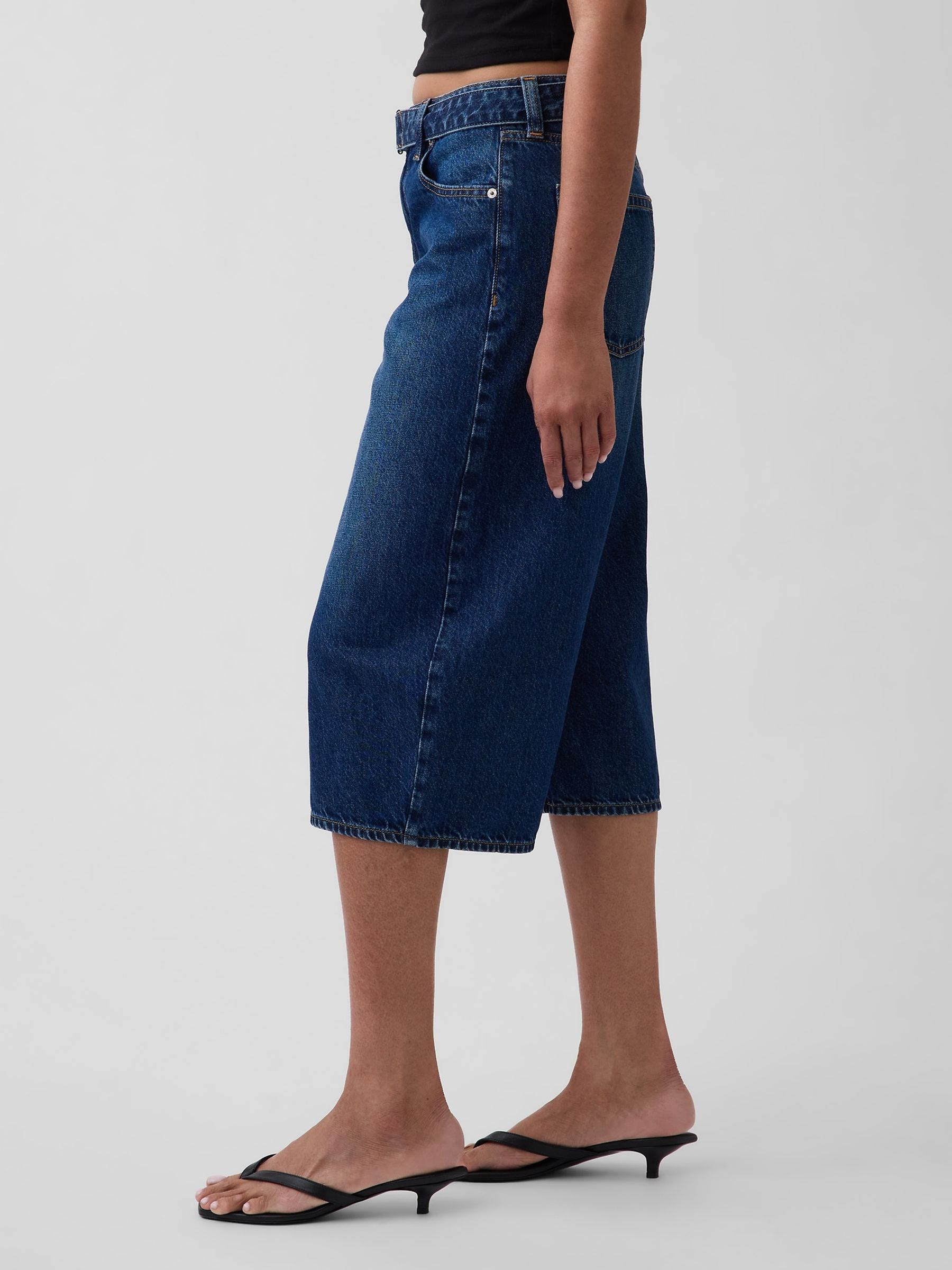 Dark Wash High Waisted Belted Culotte Barrel Jeans - Image 3 of 5