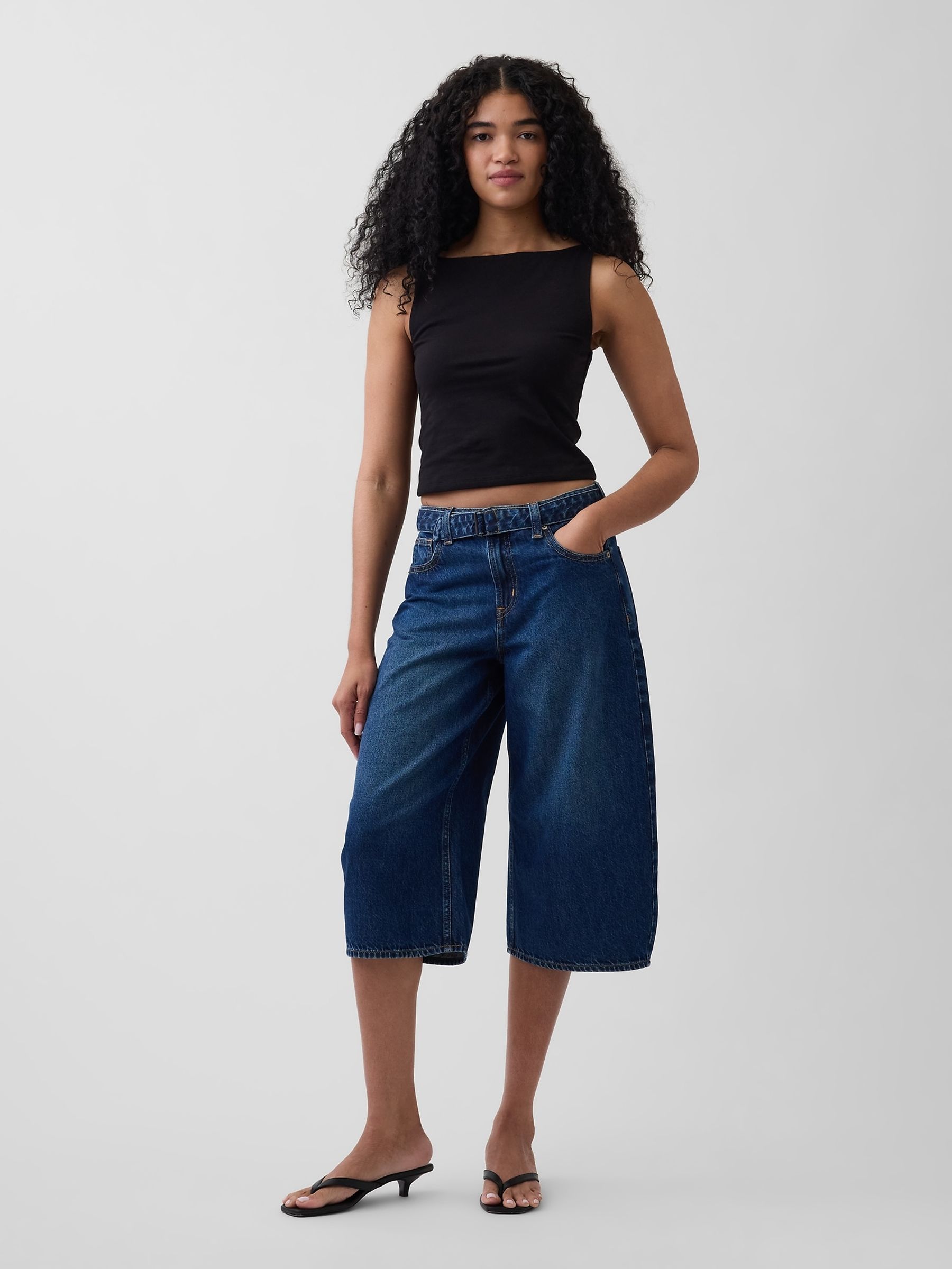Dark Wash High Waisted Belted Culotte Barrel Jeans - Image 4 of 5