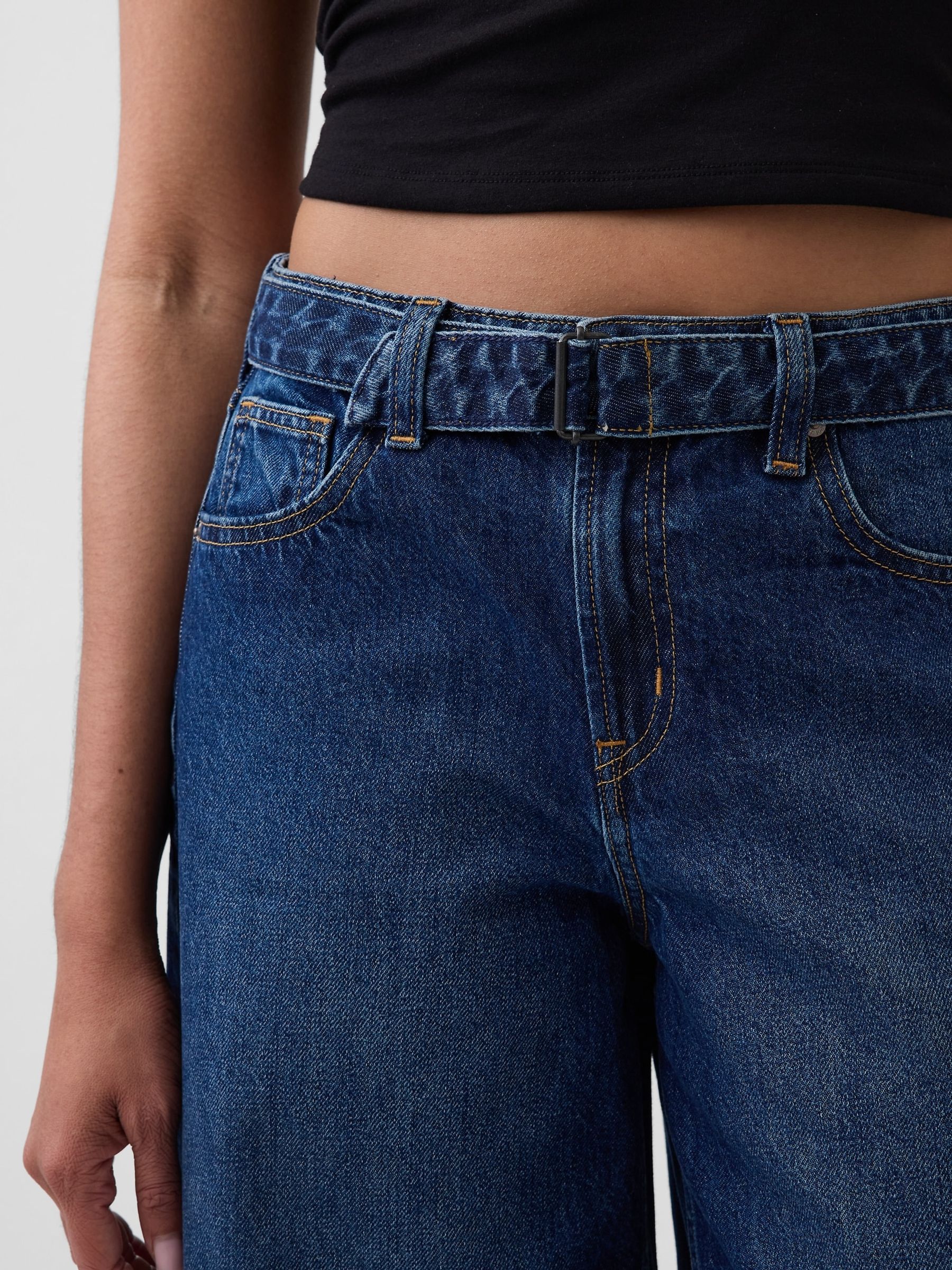 Dark Wash High Waisted Belted Culotte Barrel Jeans - Image 5 of 5