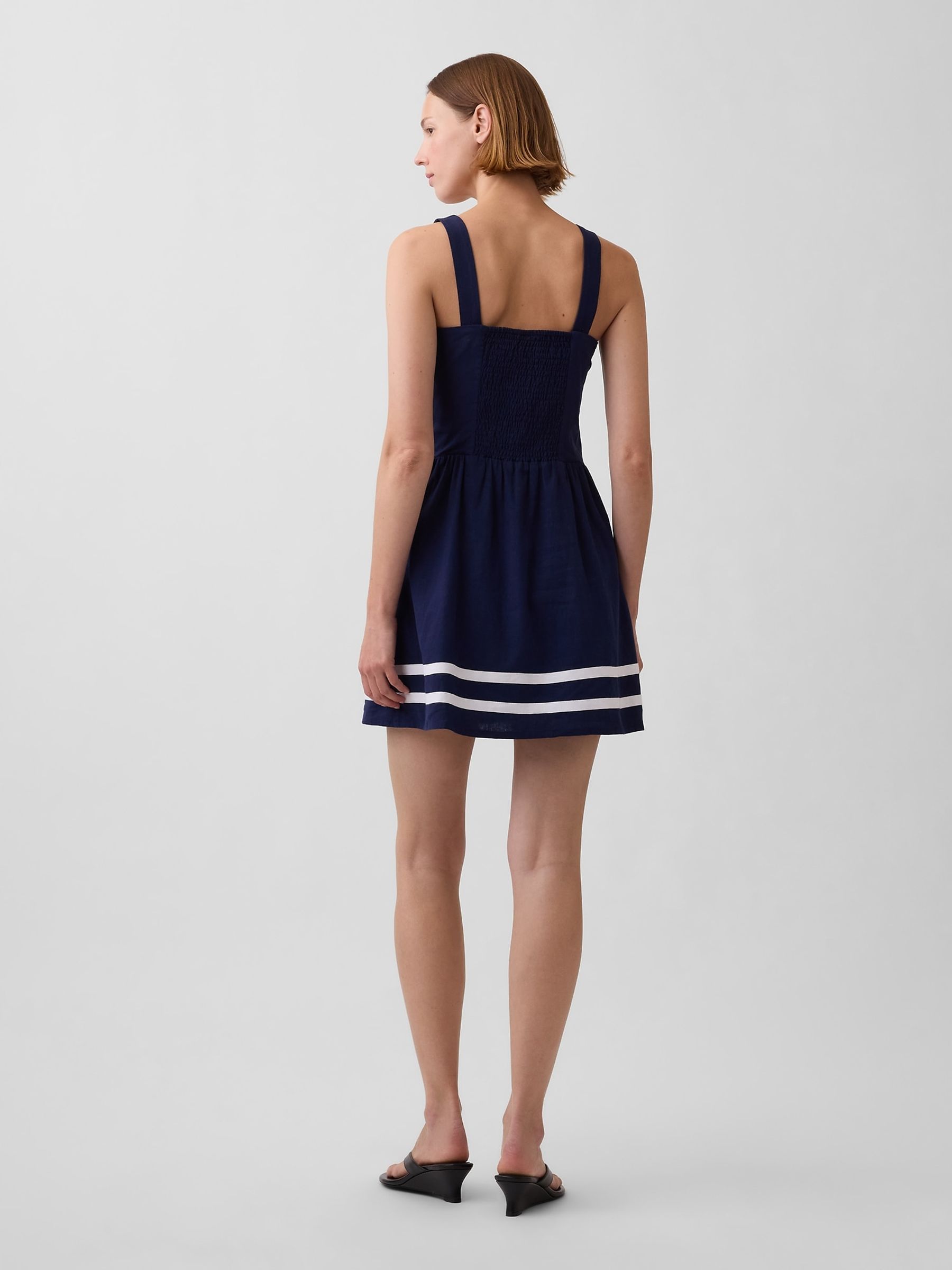 Blue Linen-Blend Drop-Waist Mini Sleeveless Dress - Image 2 of 4