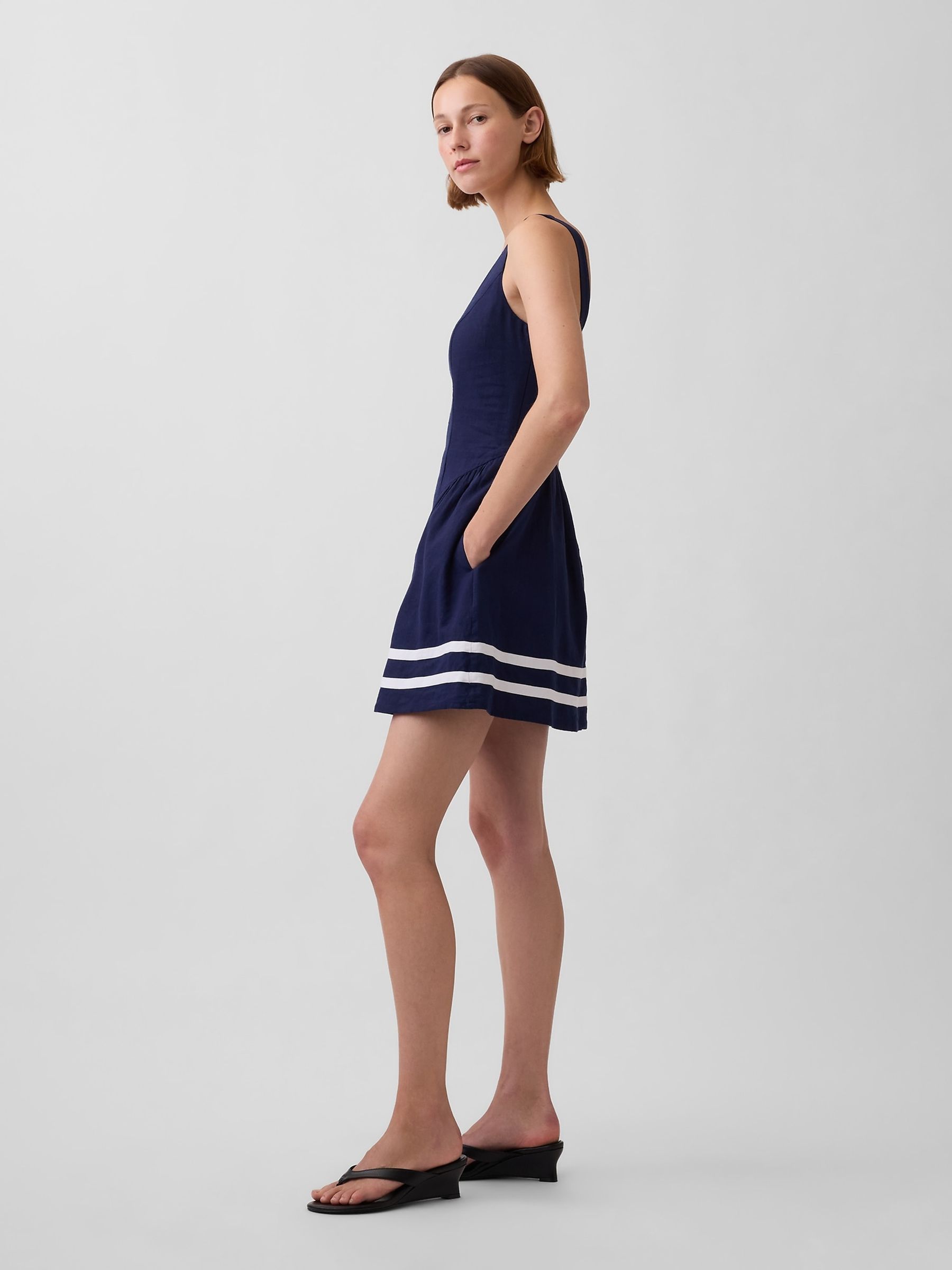 Blue Linen-Blend Drop-Waist Mini Sleeveless Dress - Image 3 of 4