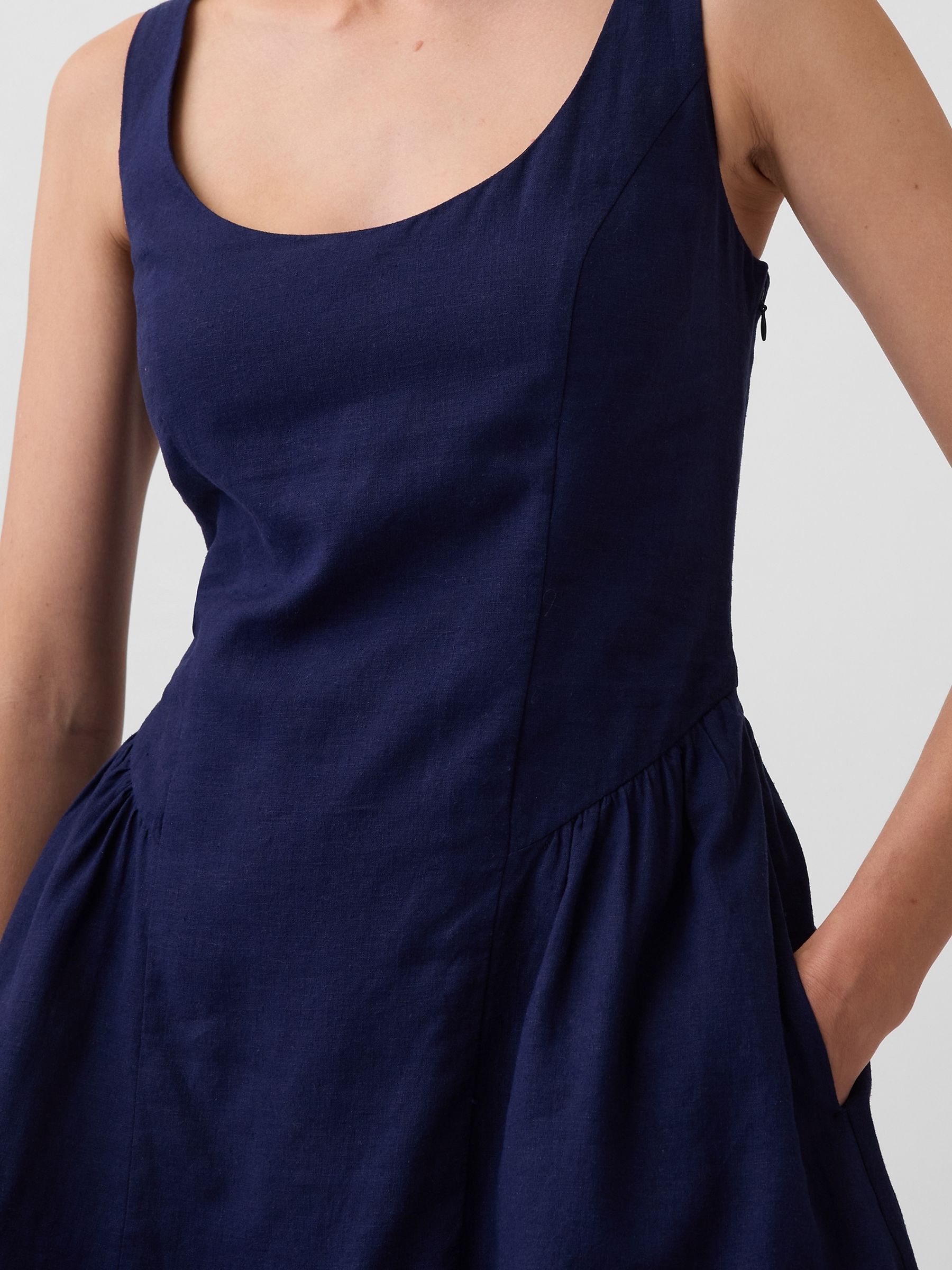 Blue Linen-Blend Drop-Waist Mini Sleeveless Dress - Image 4 of 4