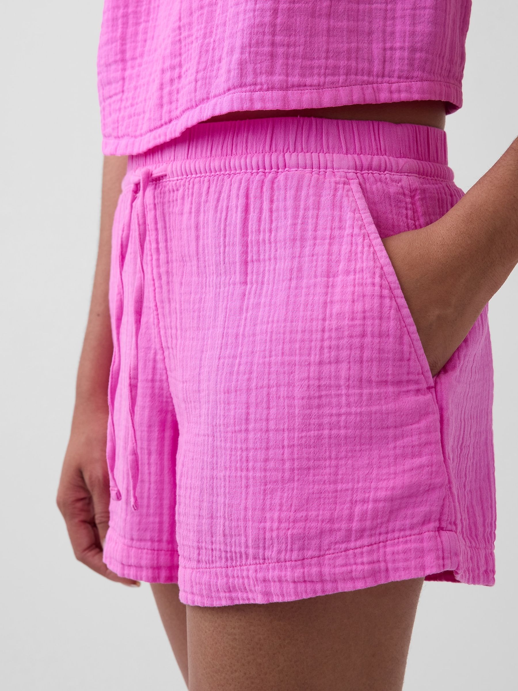 Pink 4 inch Mid Rise Cotton Gauze Easy Shorts - Image 4 of 6