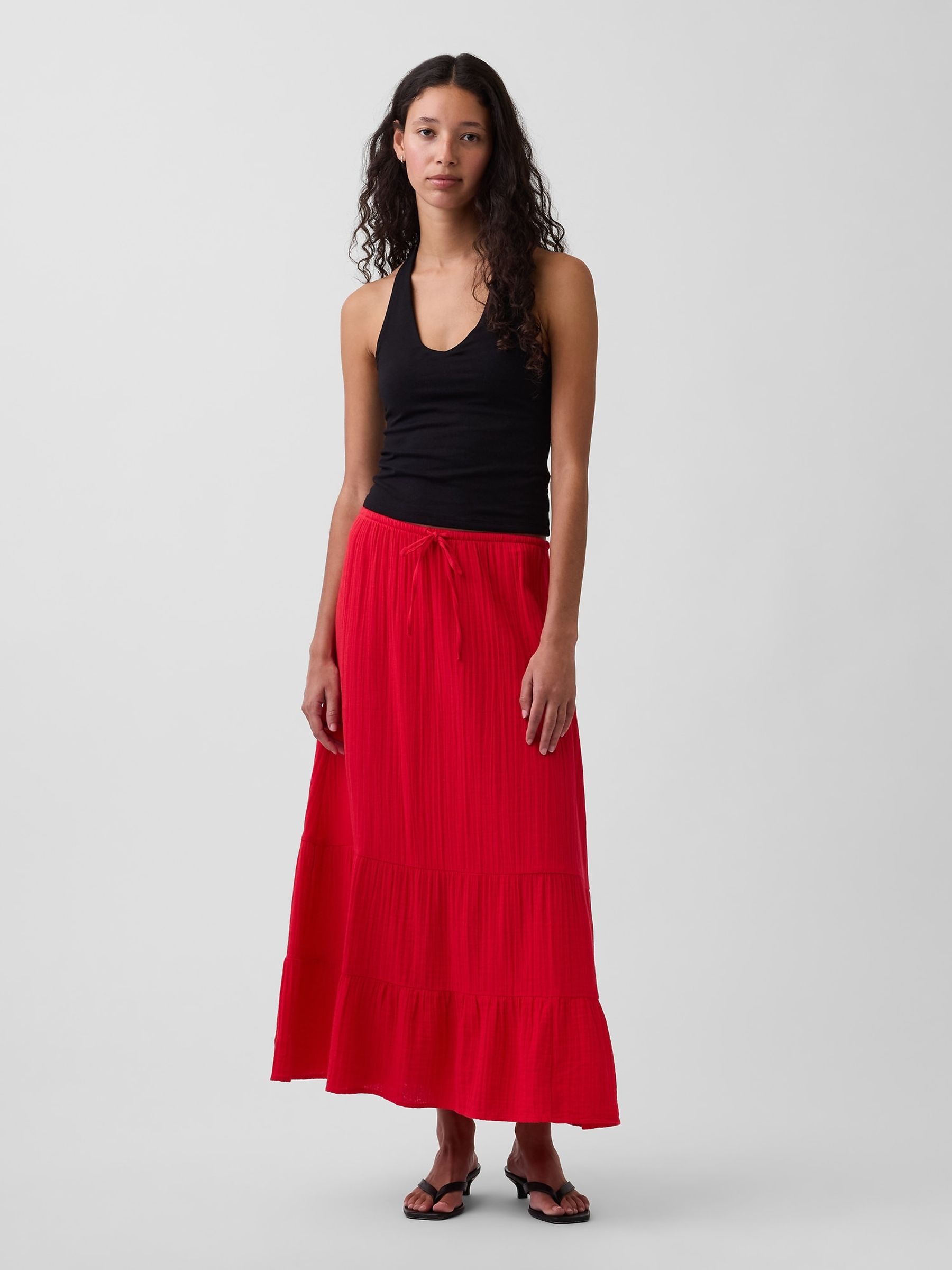 Red Cotton Gauze Tiered Easy Maxi Skirt - Image 1 of 4